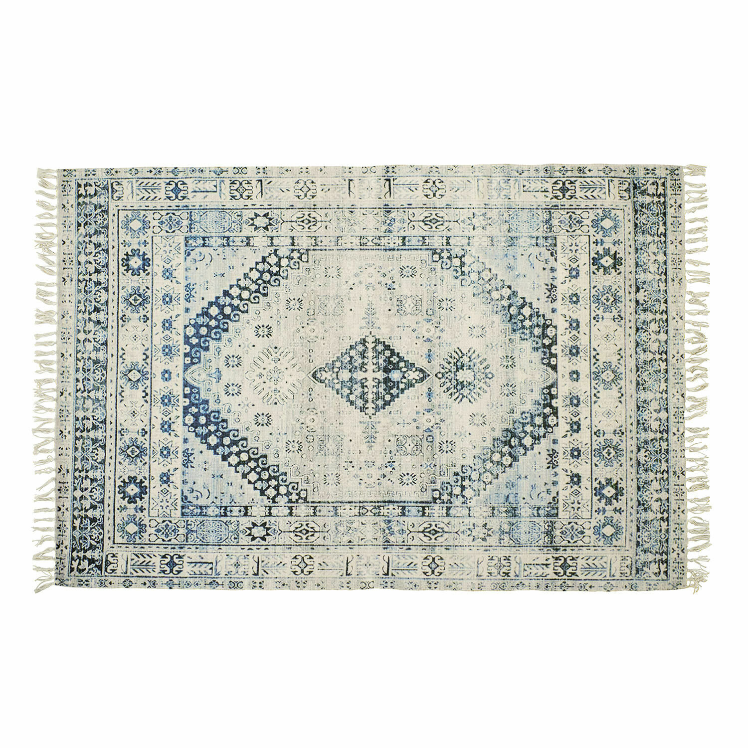In- & Outdoor-Teppich Daly Baumwollteppich in Creme mit blauen Mustern und Fransen, Vintage-Stil Wohnaccessoire