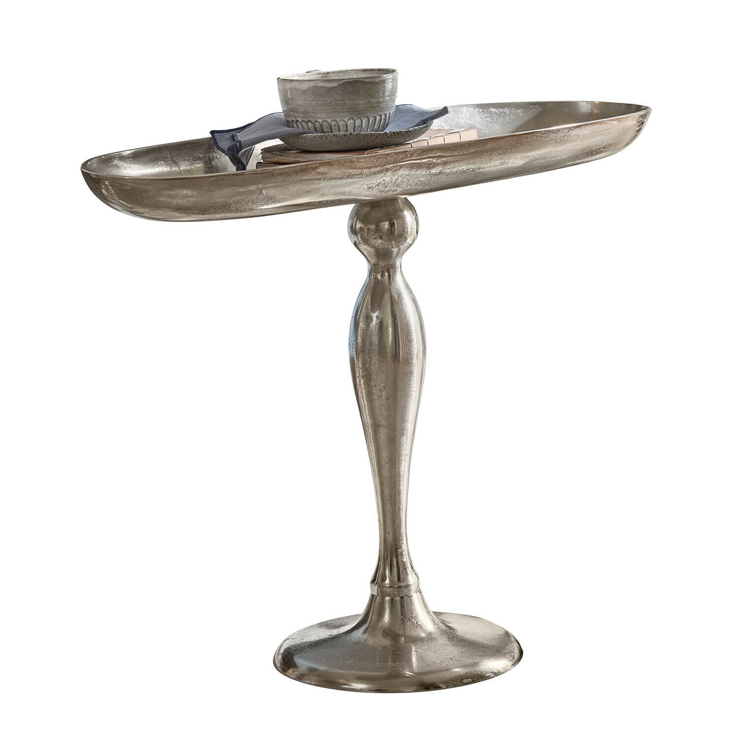 Silberner Metall-Beistelltisch mit runder Basis und ovaler Ablagefläche für Wohnzimmer