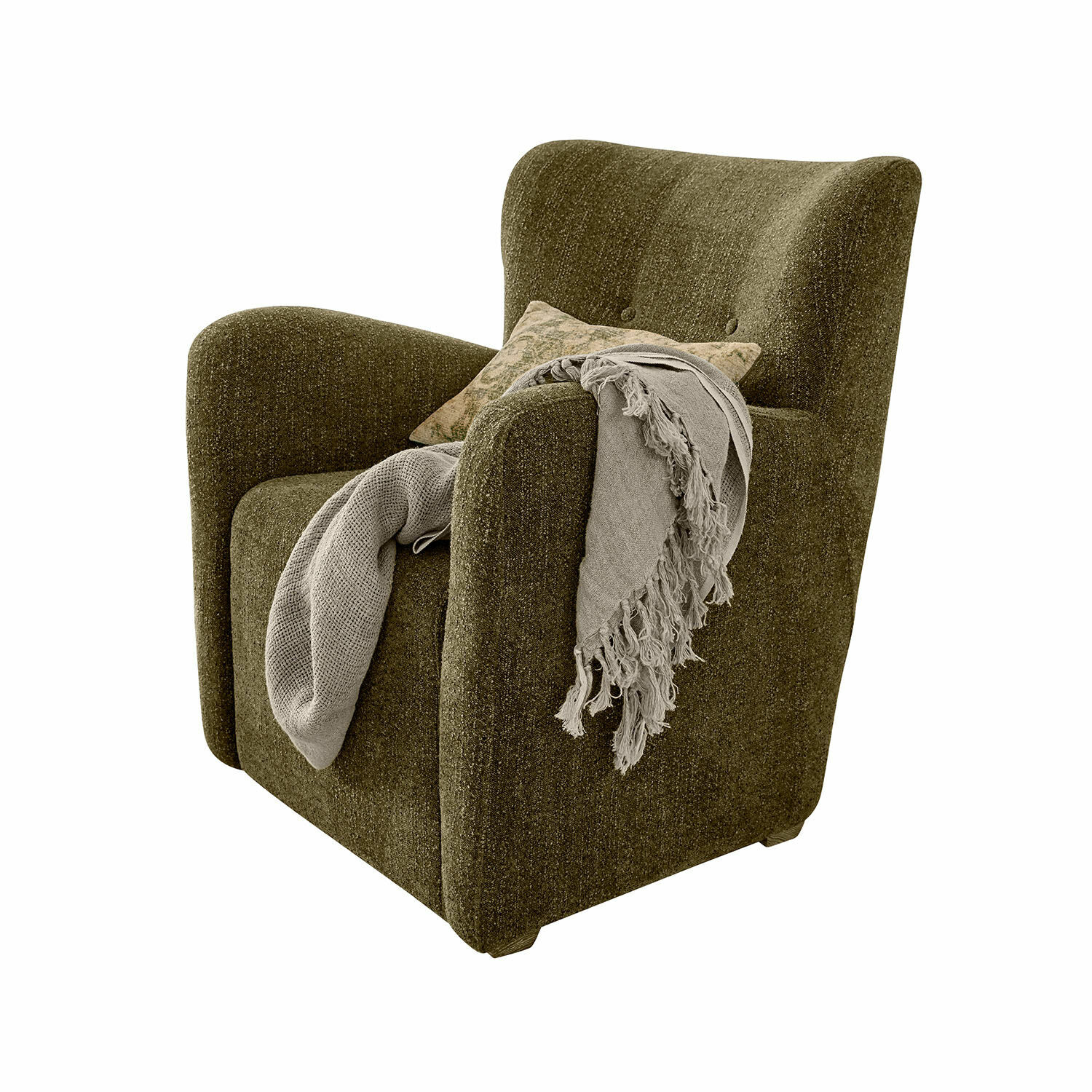Sessel Somberac Grüner Polsterfauteuil aus weichem Stoff mit grauem Plaid auf der Armlehne für Wohnzimmer