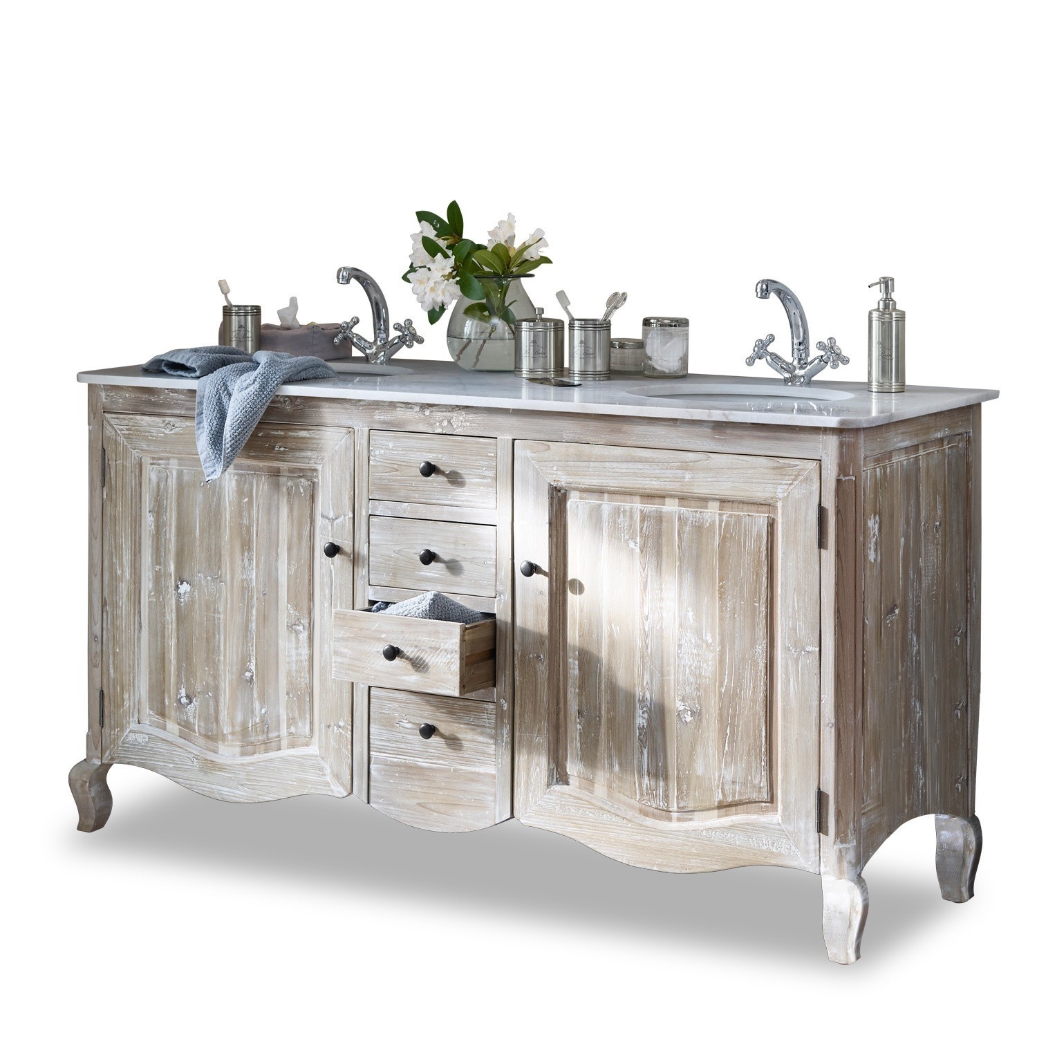 Doppelwaschtisch Herrick Holz-Badezimmerschrank mit weißer Arbeitsplatte und zwei verchromten Wasserhähnen im Vintage-Stil