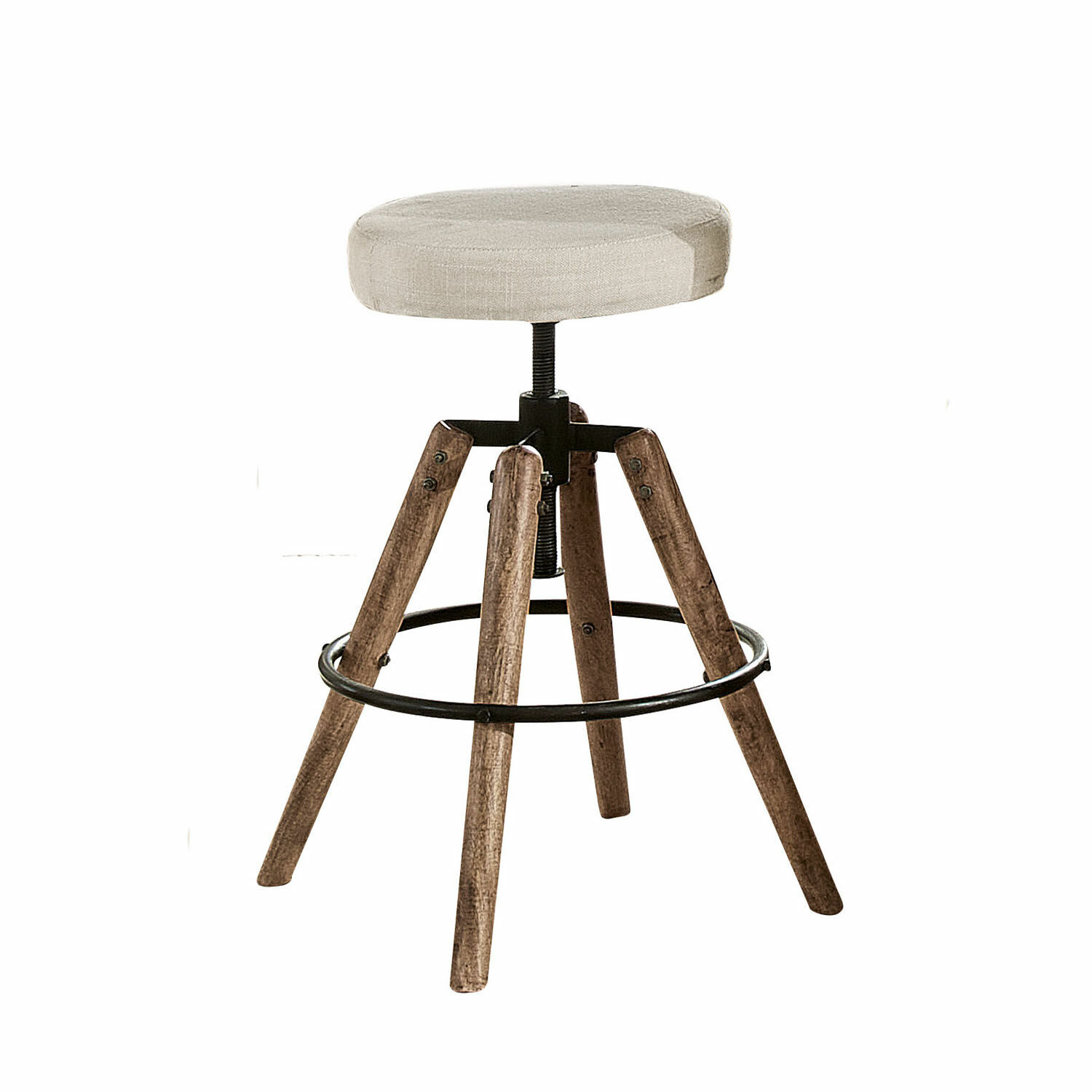 weiß/braun Hocker Twist mit braunen Holzbeinen und weiß gepolstertem Sitz, moderner Industrie-Stil