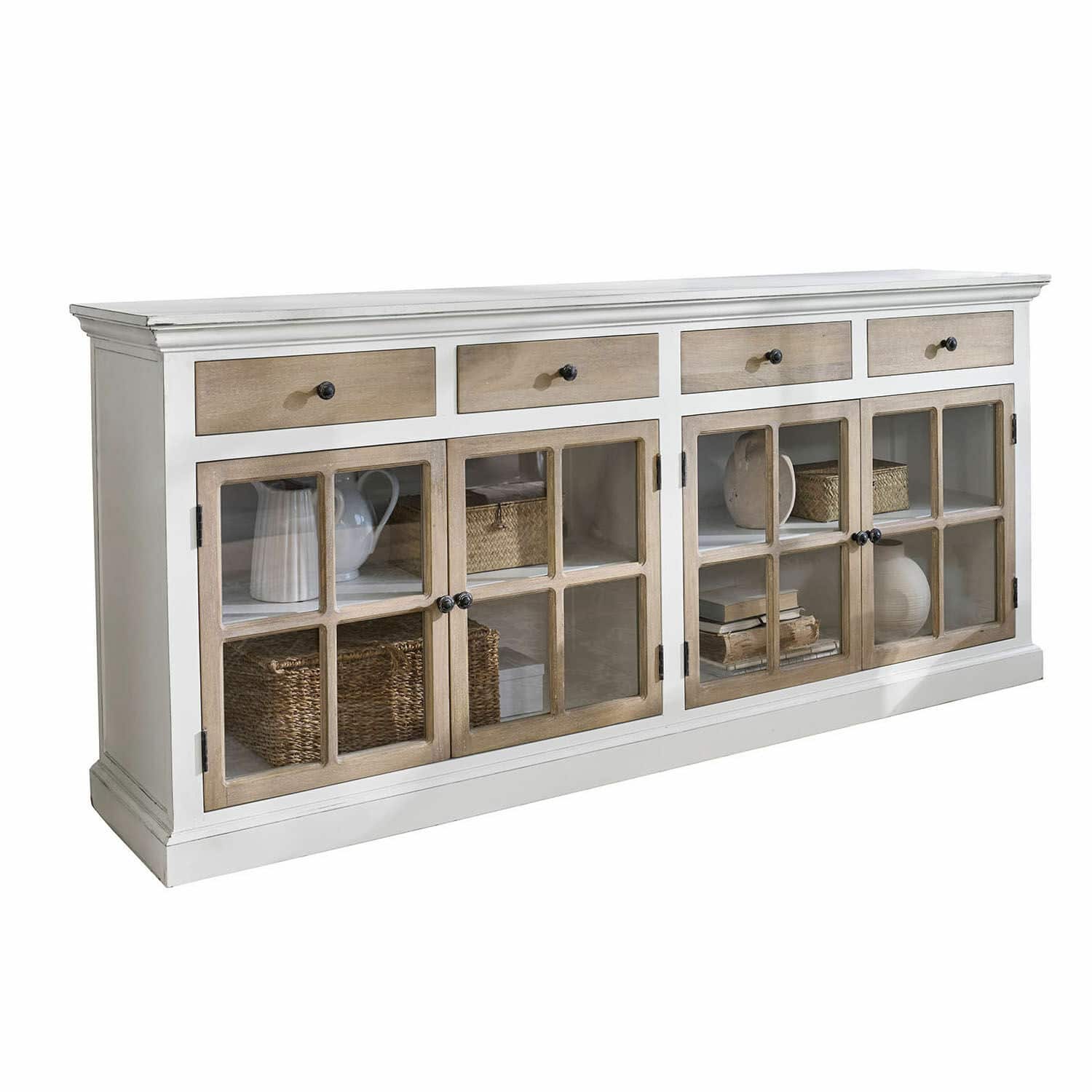Kommode Marshwood Weiße Holzkommode mit Schubladen und Glastüren im rustikalen Landhausstil
