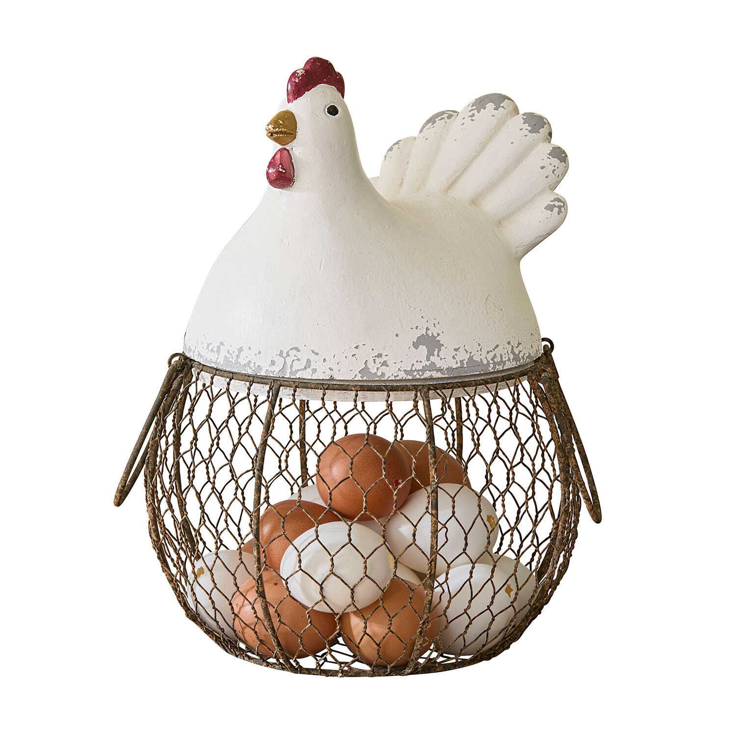 Metall-Eierkorb in Form eines weißen Huhns mit rotem Kamm und Rostoptik, rustikale Küchendekoration