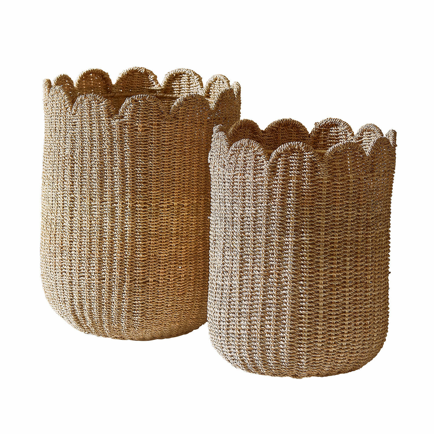 Korb 2er Set Velourette Set aus zwei Körben aus natürlichem geflochtenem Material in Beige zum Aufbewahren.