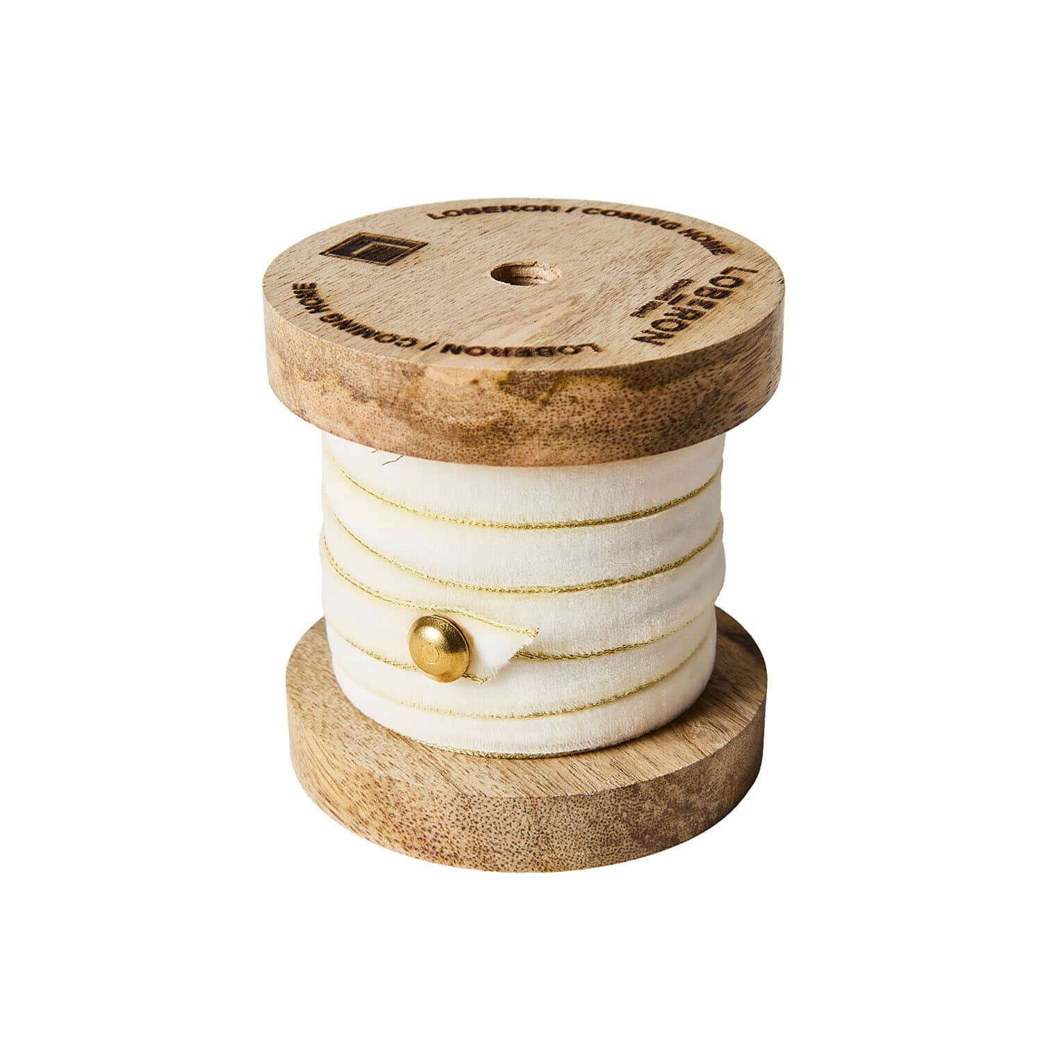 Samtband Sorima Holzspule mit cremefarbenem Samtband und feinem goldfarbenem Streifen für Dekoration