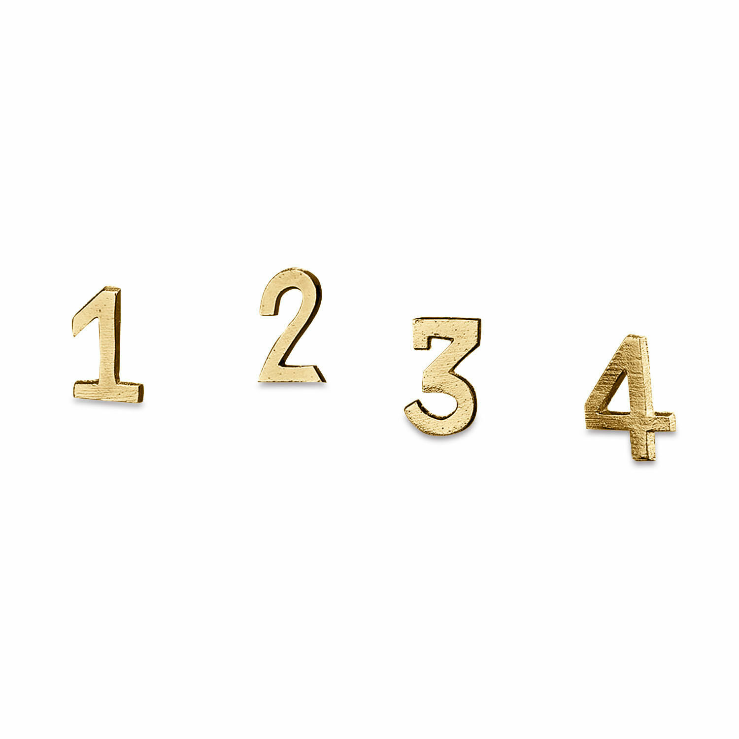 gold Set aus 4 goldfarbenen Dekonadeln in Form der Zahlen 1 bis 4 auf weißem Hintergrund