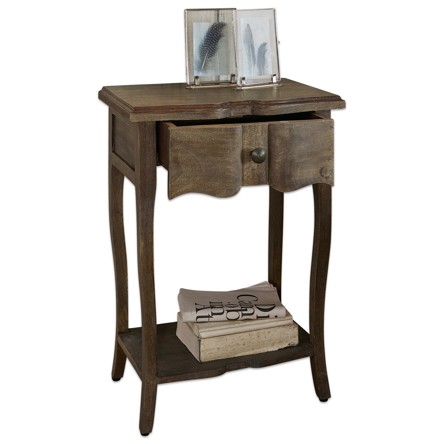 Beistelltisch Finstock Brauner Beistelltisch aus Holz mit Schublade und Ablage, elegantes Wohnzimmermöbel