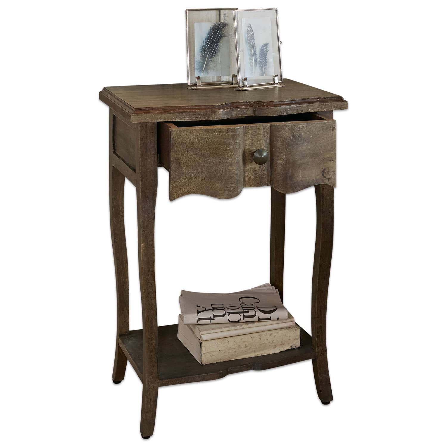 Beistelltisch Finstock Brauner Beistelltisch aus Holz mit Schublade und Ablage, elegantes Wohnzimmermöbel