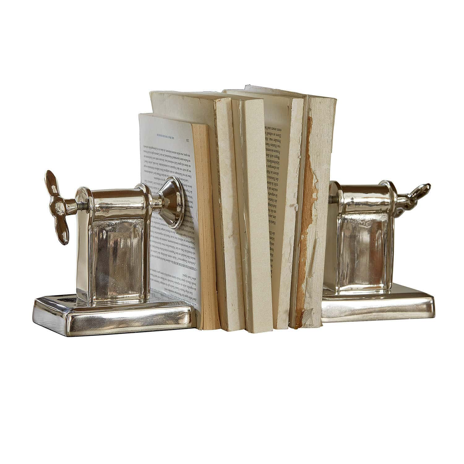 Silberne Buchstützen aus Metall in Form einer Nudelmaschine für Schreibtisch oder Regal