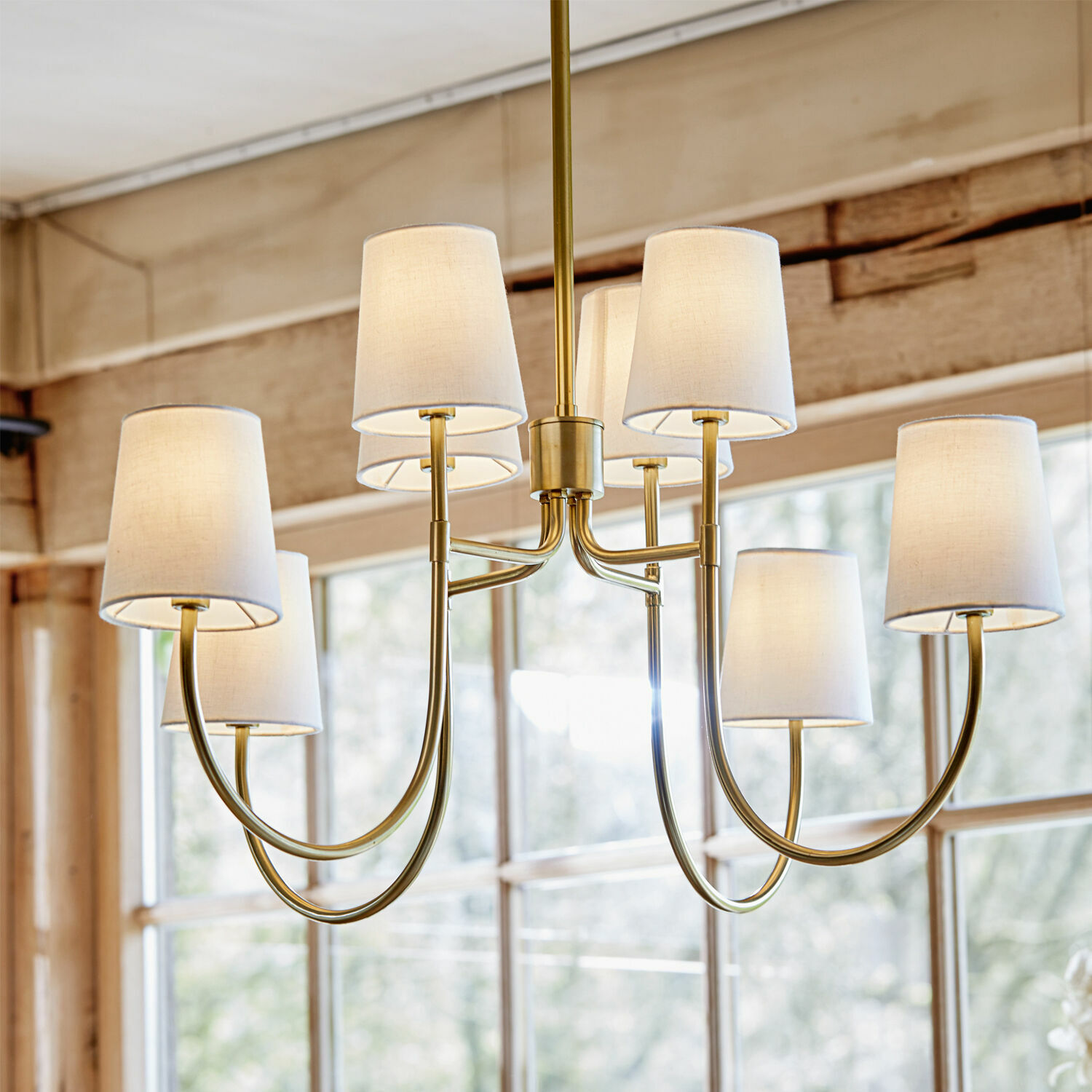 Hängelampe Plainfield Goldfarbener Kronleuchter mit acht weißen Stofflampenschirmen, elegantes Wohnzimmerlicht