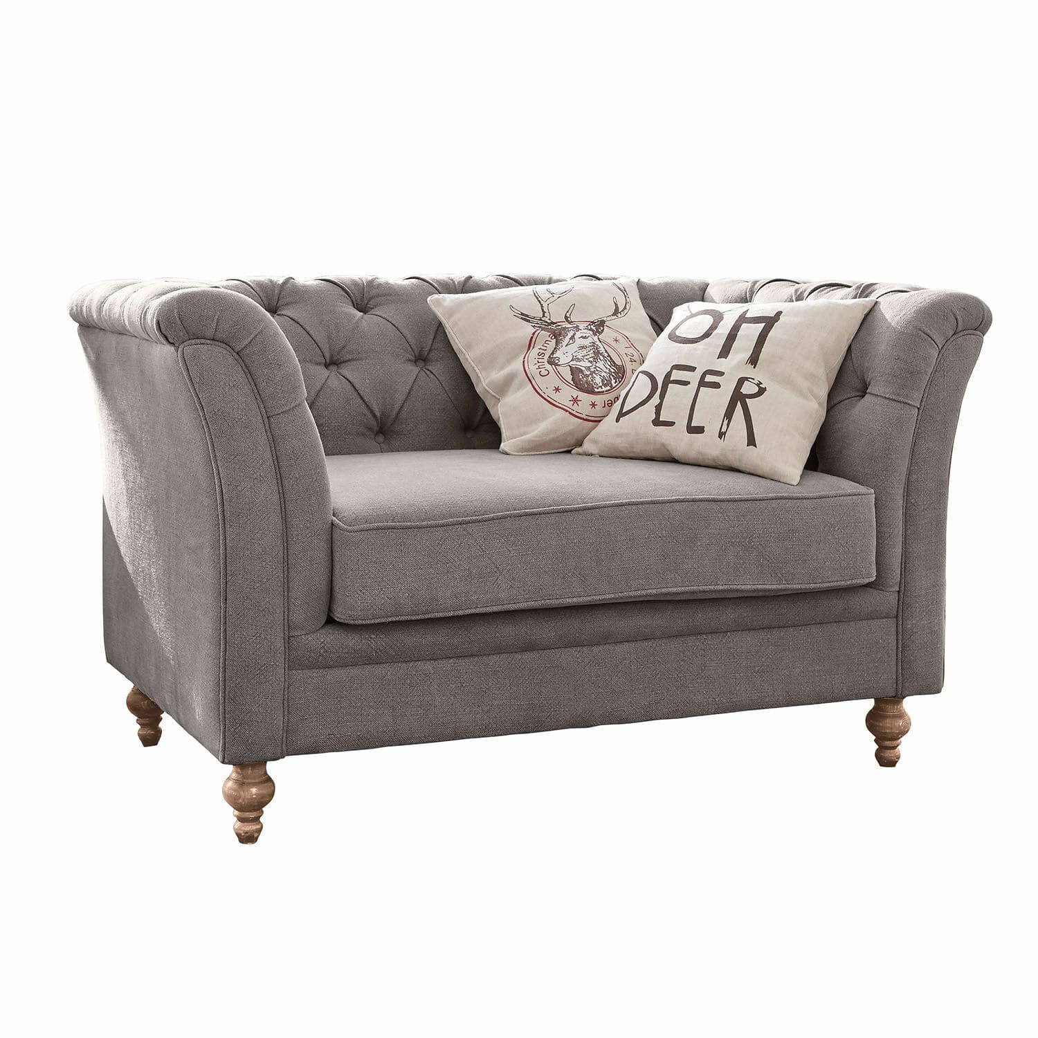 Sofa Clères Graues Sofa aus Stoff mit gesteppter Rückenlehne und Holzbeinen, dekoriert mit Hirsch-Motiv-Kissen