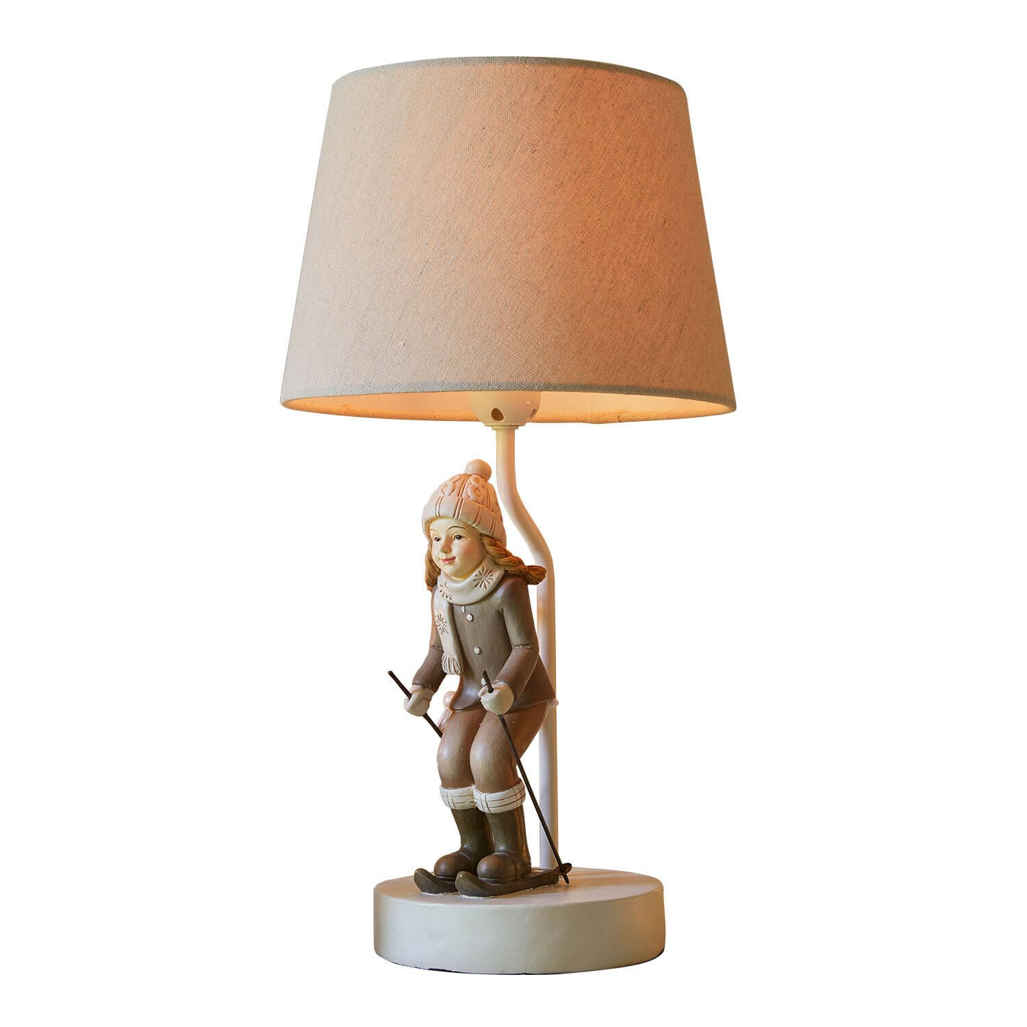 Tischlampe Avirae Tischlampe mit Skifahrerin-Figur in Beige und Stoffschirm, winterliche Dekoration