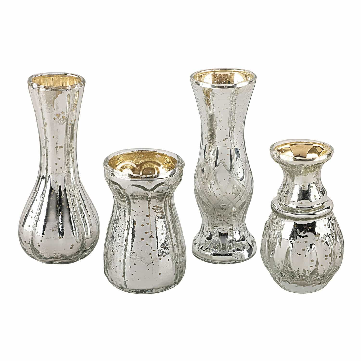 Deko-Vase 4er Set Maelie Set aus vier dekorativen Vasen aus silbernem Glas mit goldenem Innenraum, Wohnaccessoire