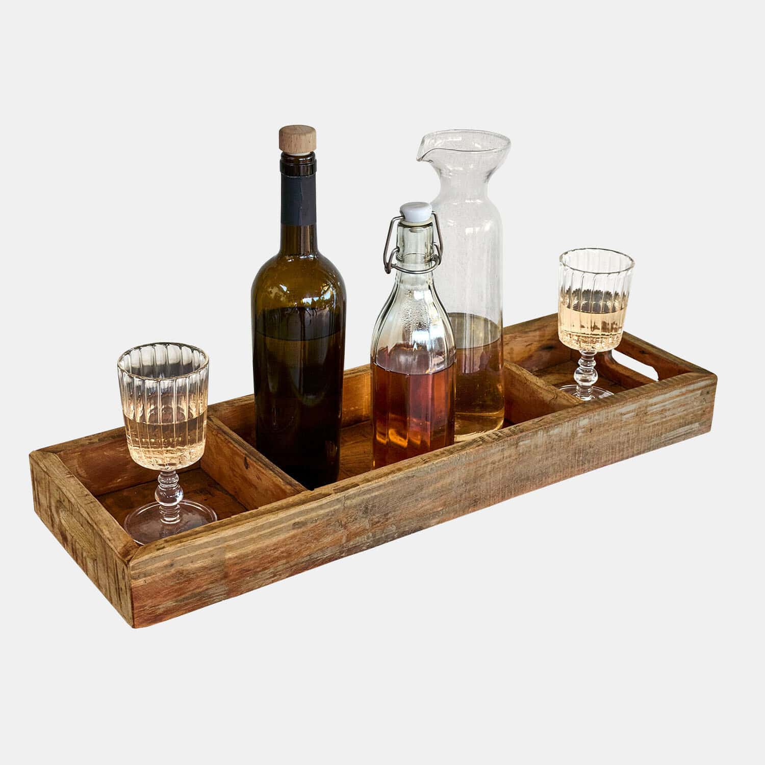 Tablett Vianzo Holztablett aus Naturholz mit Griffen, Flasche und zwei Weingläsern für stilvollen Service