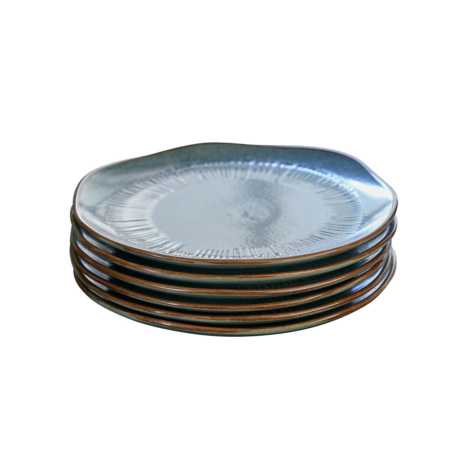 6-teiliges Set Dessertteller aus Keramik in Türkis und Braun mit rustikalem Muster