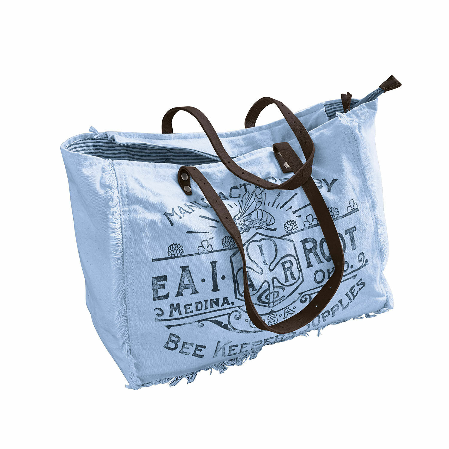 blau/braun CLOE Tasche aus blauem Baumwollstoff mit braunen Ledergriffen und Vintage-Aufdruck