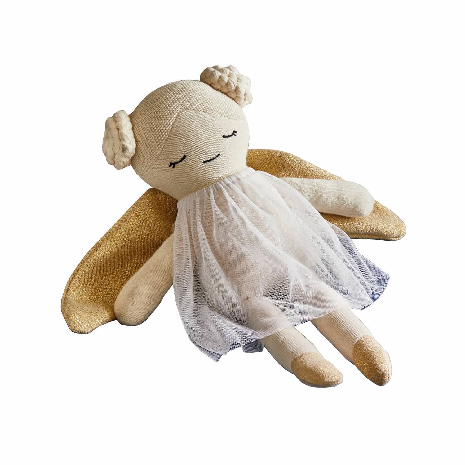 Stoffpuppe Valonna Weiche Baumwollpuppe Engel in Creme mit goldenen Flügeln und Tüllkleid als Kinderdeko