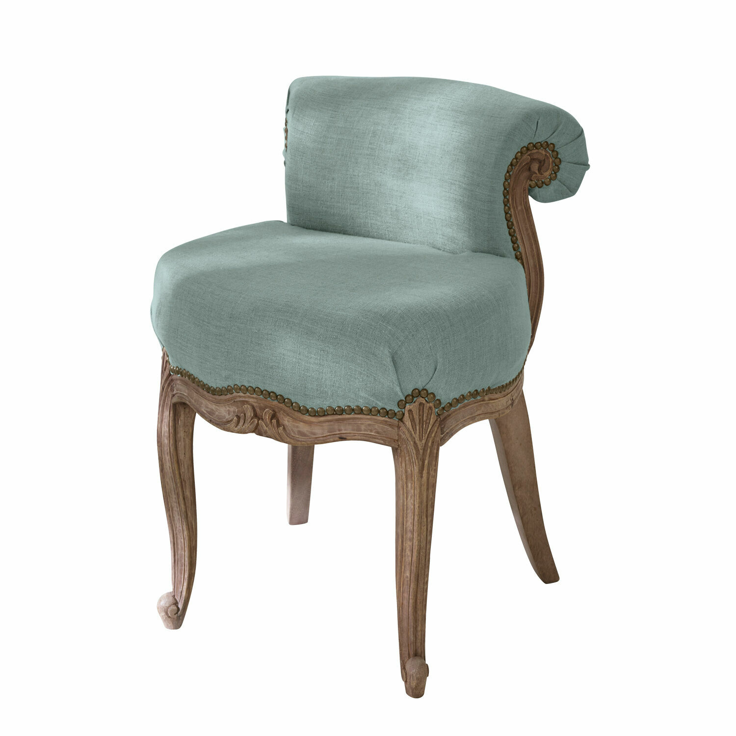 blau Sessel Rivel mit blauem Stoffbezug und geschnitztem Holzrahmen, eleganter Vintage-Stil