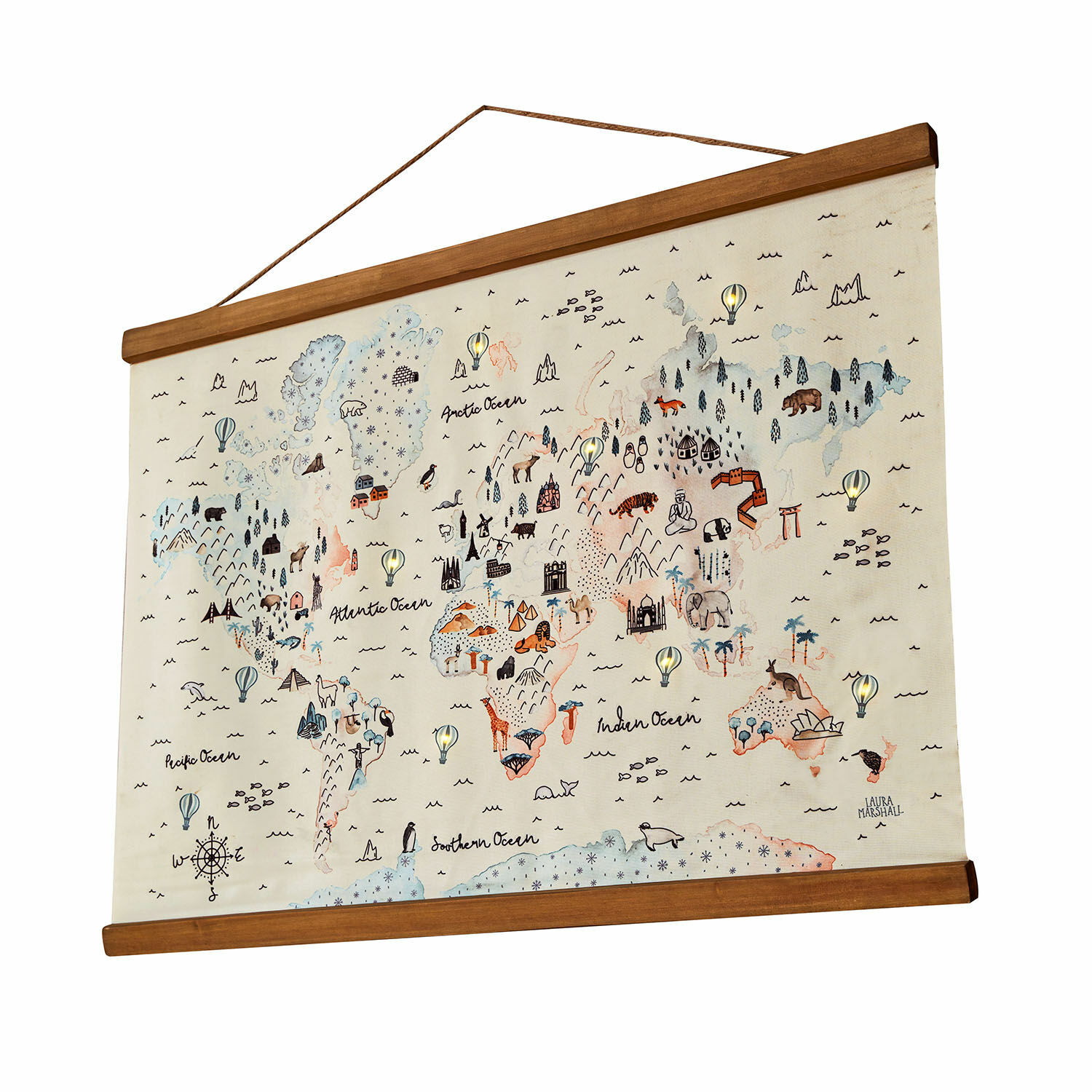 LED-Wandbild Chaumont Weltkarte auf Leinwand mit Holzrahmen, Tier- und Wahrzeichen-Illustrationen, Wanddekoration