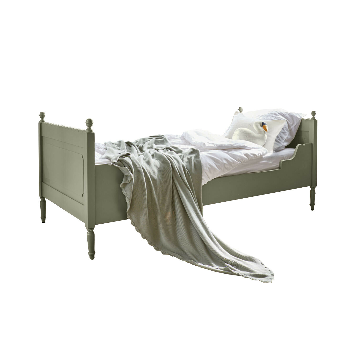 Einzelbett Kystlund Olivegrünes Holzbett mit weißer Bettwäsche und grauer Decke, Vintage-Stil fürs Schlafzimmer