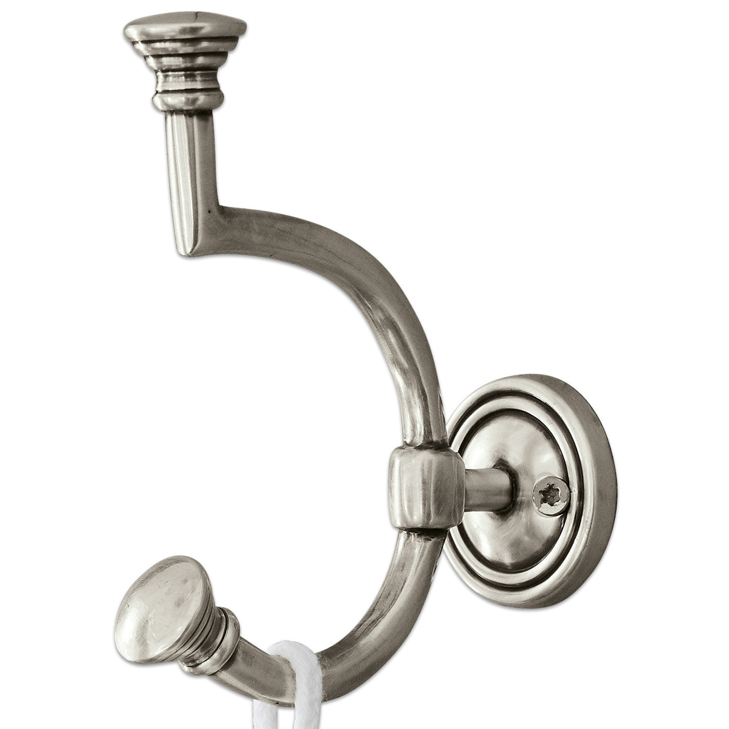 Haken Corinne Wandhaken aus Metall in Nickeloptik mit zwei Haken zum Aufhängen von Kleidung und Accessoires
