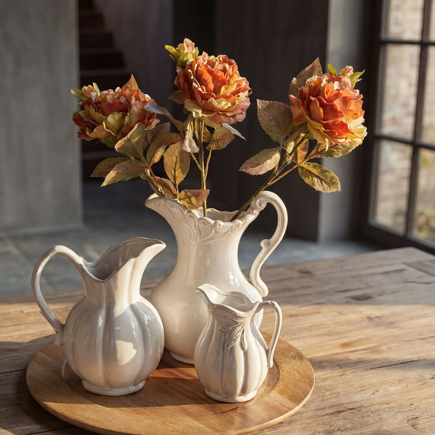 Kunstblume 3er Set Ambrayelle Drei weiße Keramikkrüge auf einem Holztablett mit orangefarbenen künstlichen Blumen in rustikalem Interieur