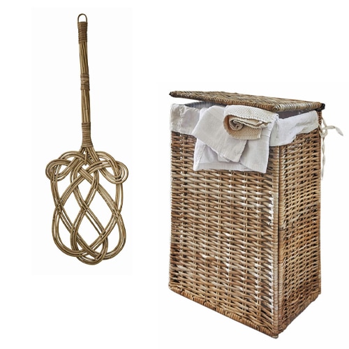 Wäschekorb aus natürlichem Rattan mit Deckel und handgeflochtener Rattanbürste