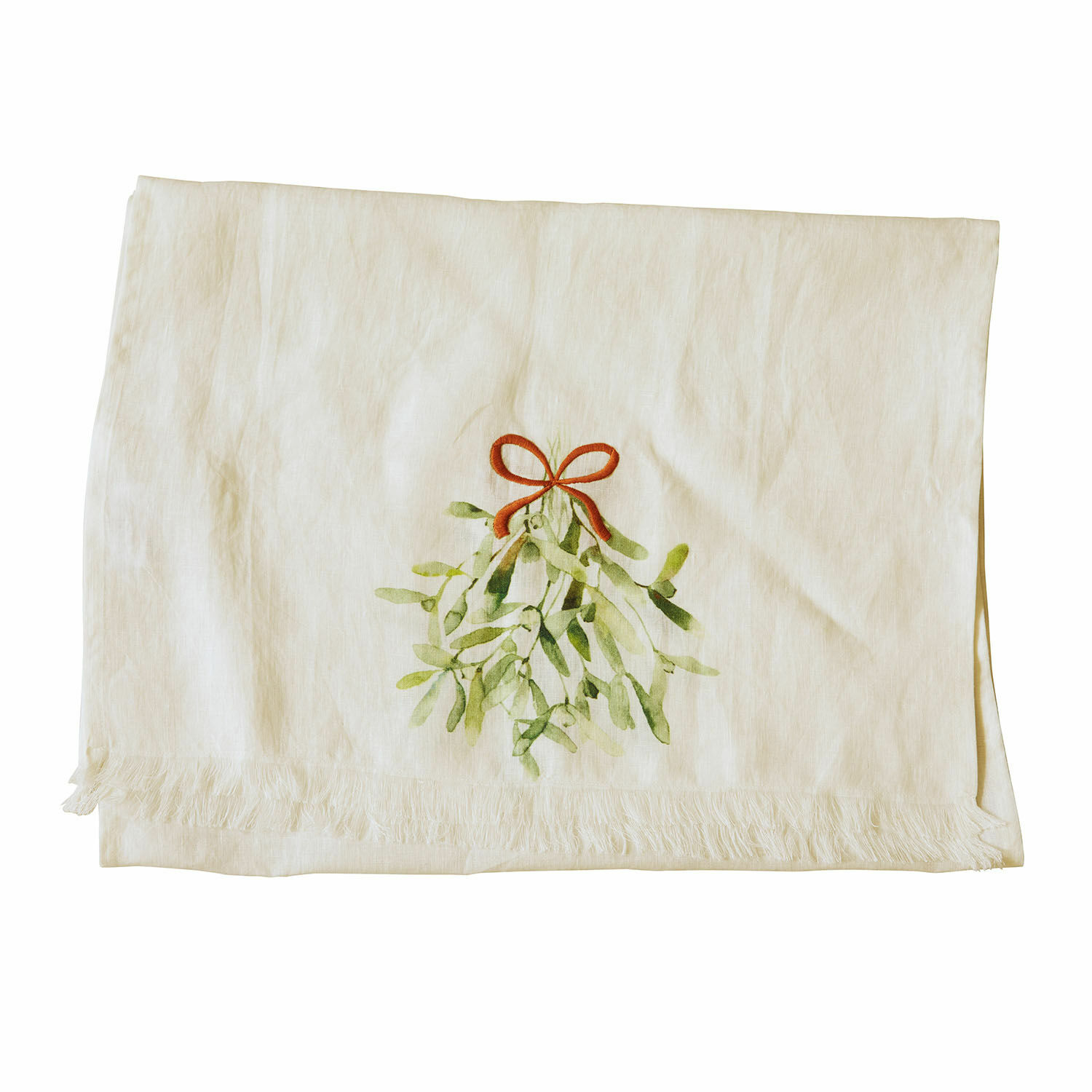 Tischläufer Mistletoe Leinentischdecke in Ecru mit Mistelzweig-Motiv und roter Schleife, festliche Dekoration
