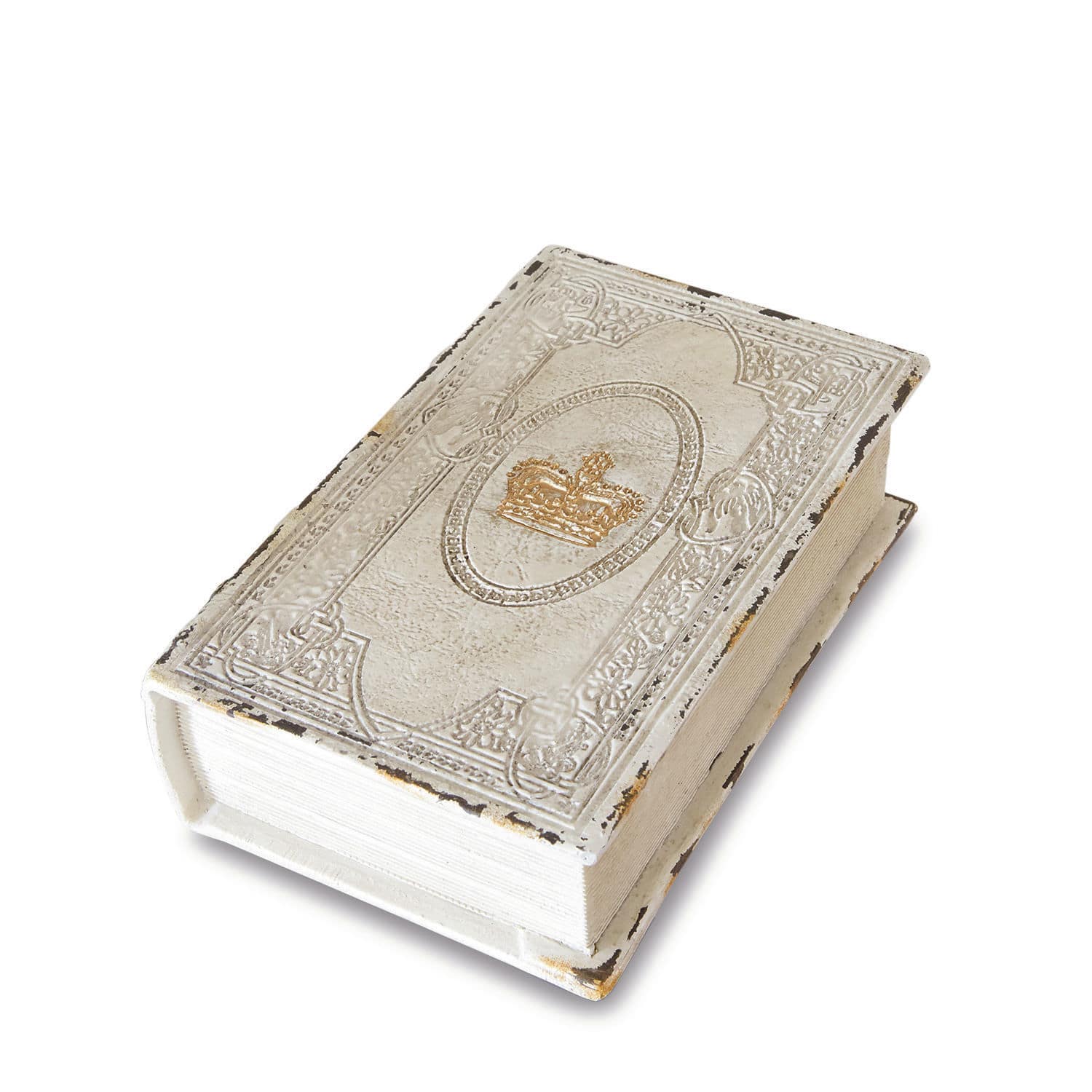 Buchschatulle Anglure Dekorative weiße Holzbox in Buchform mit goldener Krone auf dem Deckel