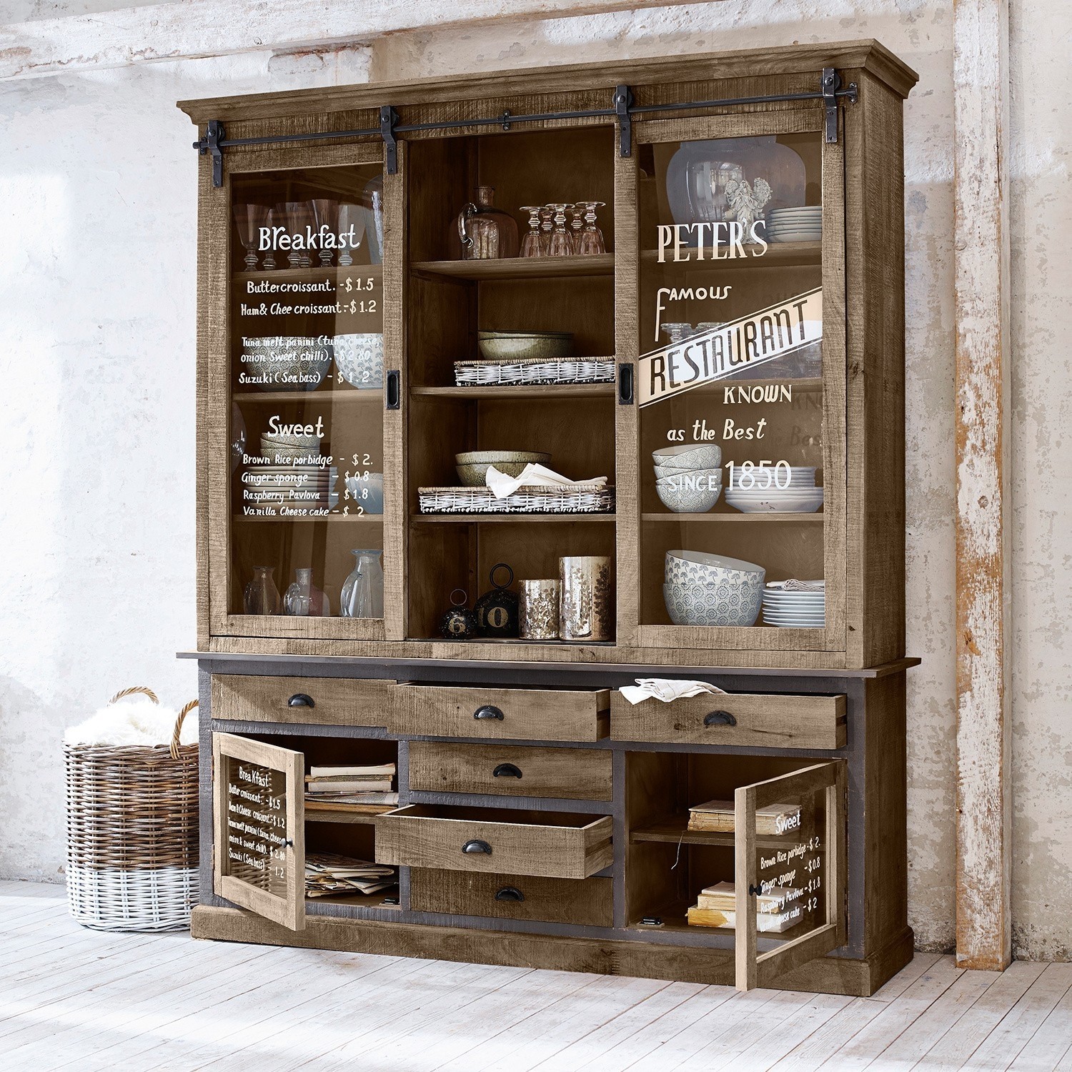 Schrank Peter´s Großer Holzvitrinenschrank mit Glastüren und Schubladen im Vintage-Stil zur Aufbewahrung von Geschirr