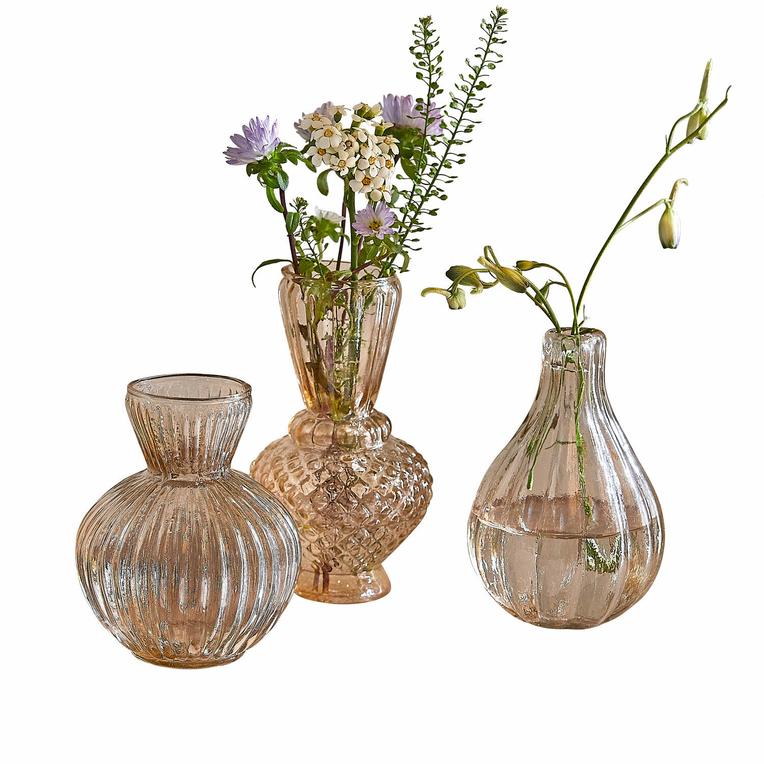 Vase 3er Set Faunelle Set aus drei transparenten Glasvasen mit zarten Blumen, stilvolle Tischdekoration