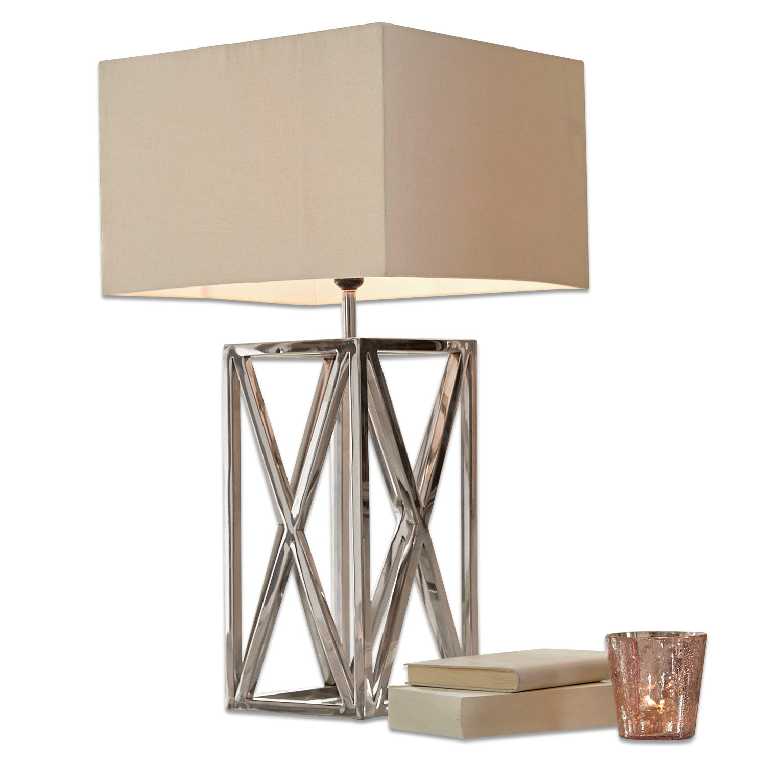 Tischlampe Foix Moderne Tischlampe mit Metallgestell und beigem Lampenschirm, stilvolle Wohnraumbeleuchtung
