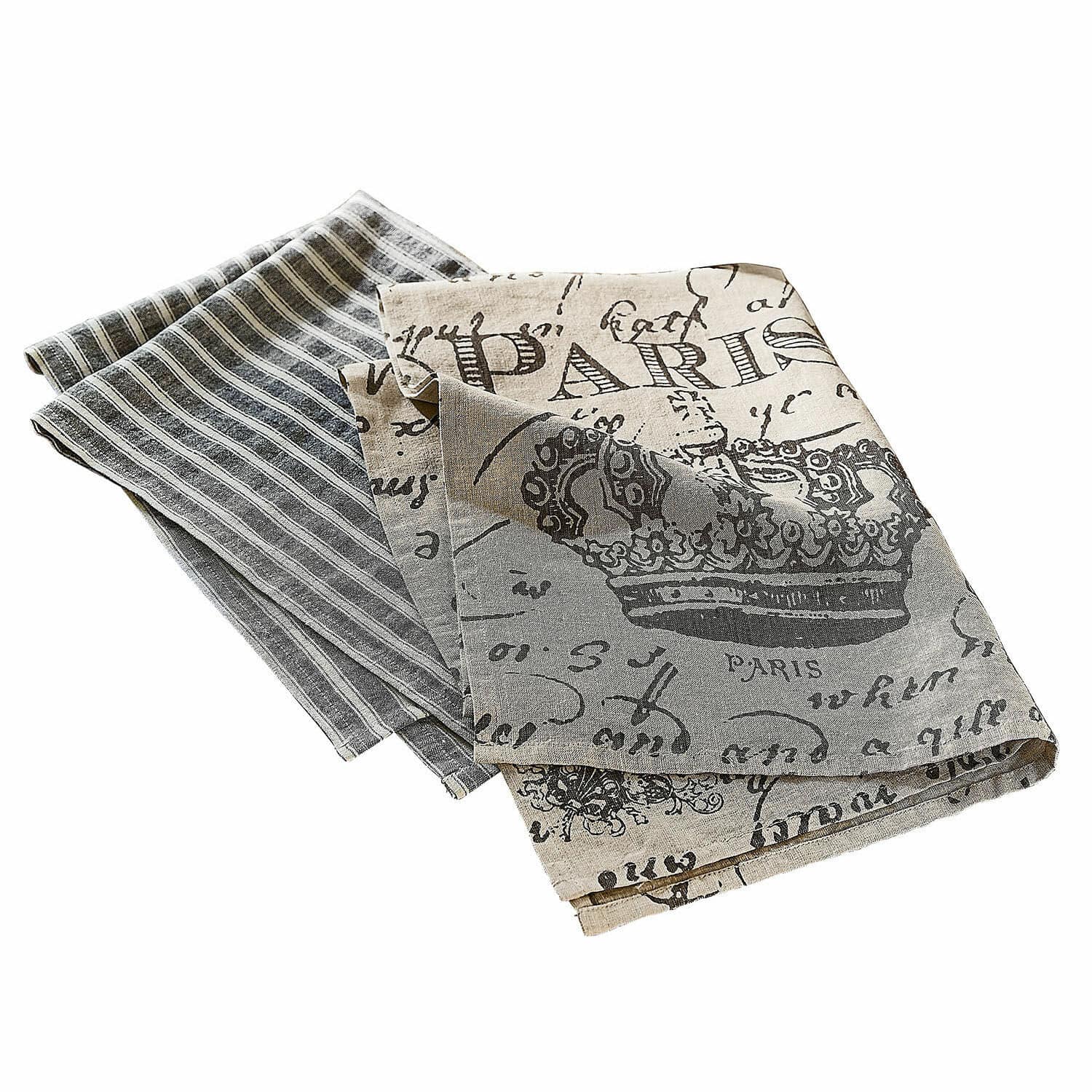 Geschirrtuch 2er Set Fleurissant Set aus Leinen-Geschirrtüchern in Grau-Beige mit Kronenmotiv und Schriftzügen für Küche