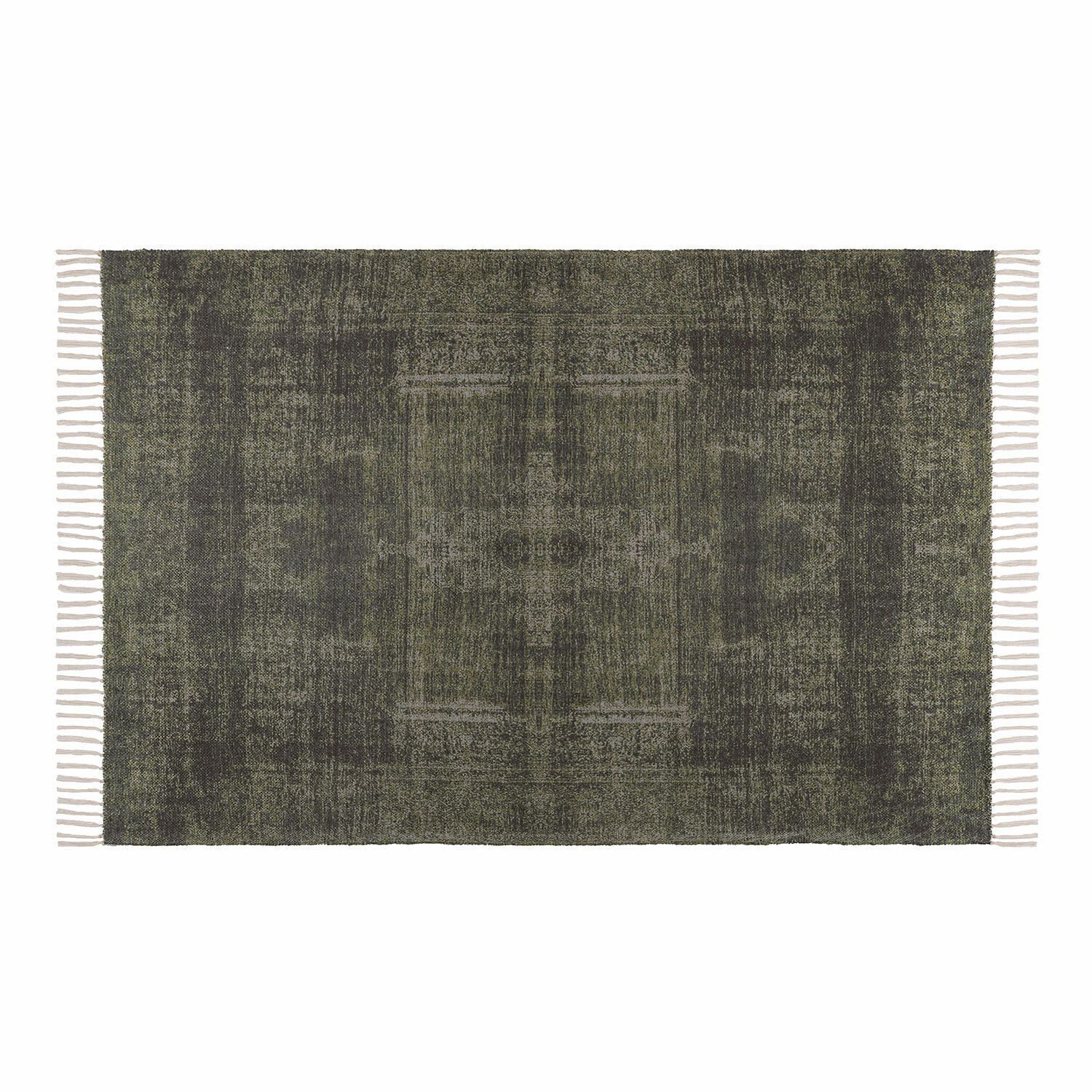 In- & Outdoor-Teppich Belaric Dunkelgrüner dekorativer Teppich mit weißen Fransen, weiches Material, Vintage-Stil