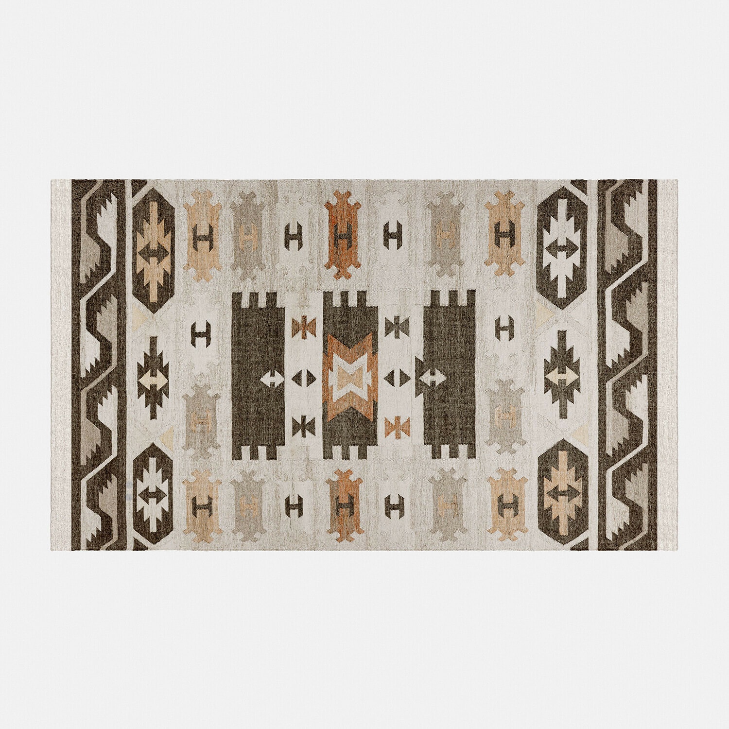 Textil-Teppich mit geometrischem Muster in Beige, Braun und Orange für Wohnräume