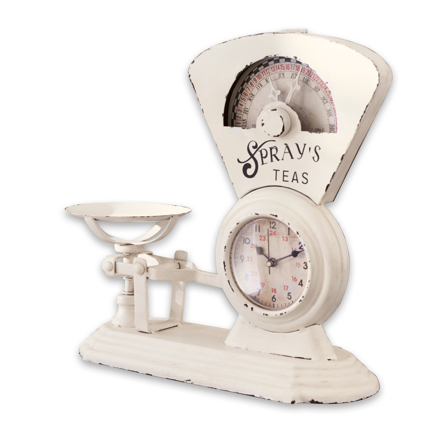 Antike weiße Metallwaage mit Uhr und Schriftzug Spray's Teas, dekorativer Vintage-Küchenartikel