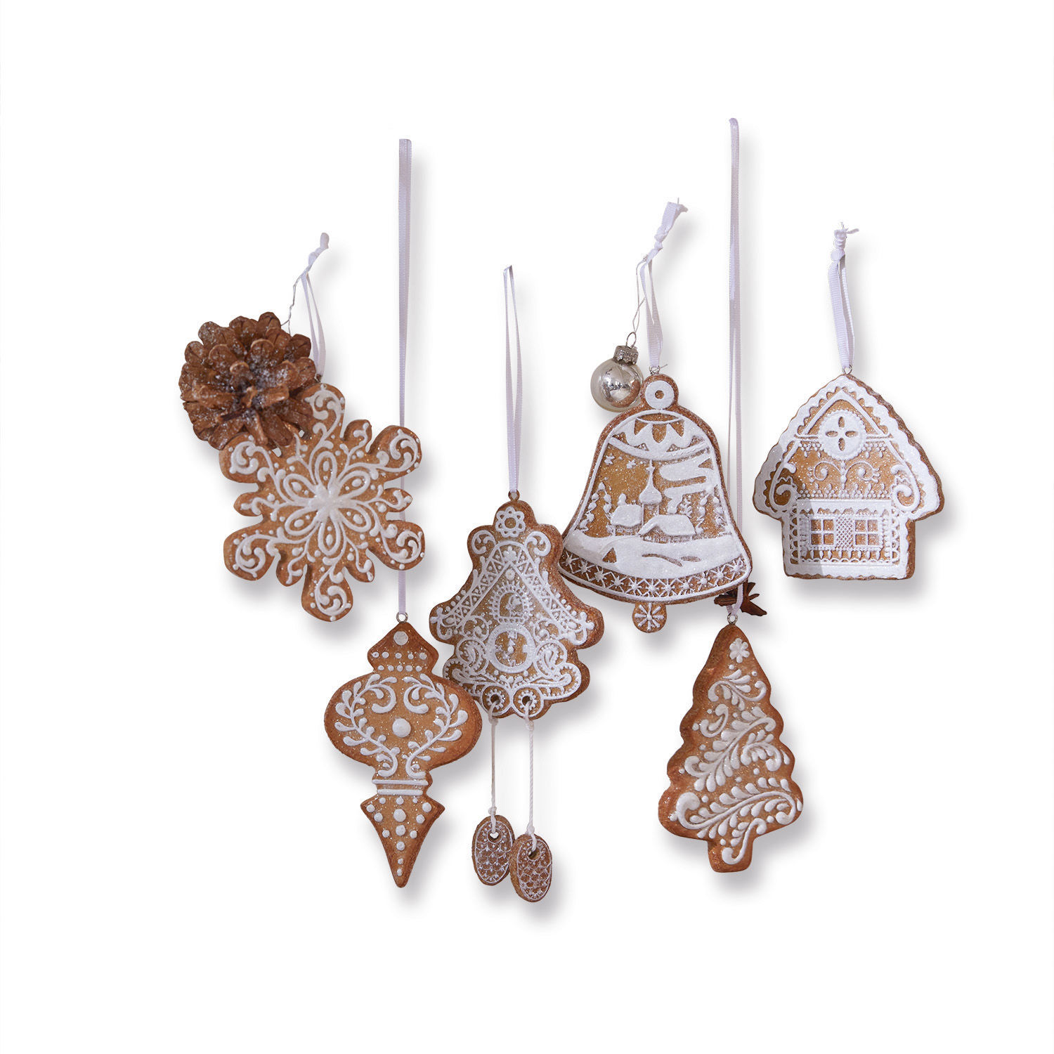 Set aus 6 Lebkuchen-Christbaumschmuck mit weißer Verzierung und Bändern zum Aufhängen