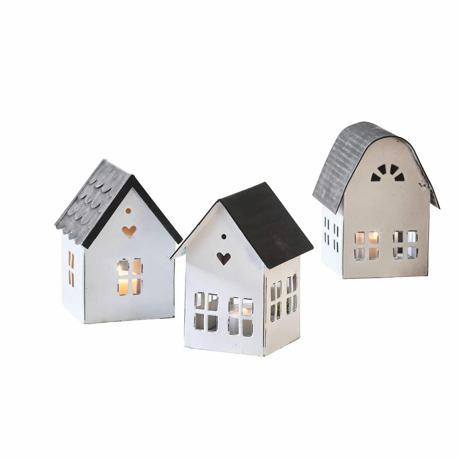 Laterne 3er Set Lambray Set aus drei weißen und grauen Metall-Laternen in Hausform zur Wohnraumdekoration