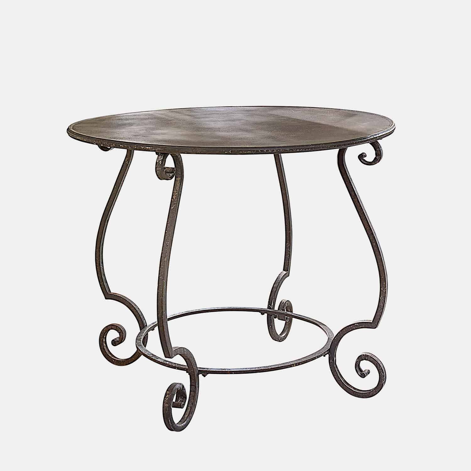 Runder Metalltisch in dunklem Braun mit dekorativen geschwungenen Beinen für Wohnzimmer