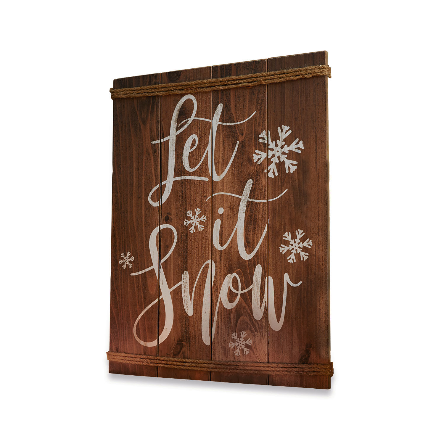 Dekoboard Verrand Wanddekoration aus braunem Holz mit Schriftzug Let it Snow und weißen Schneeflocken für Weihnachten