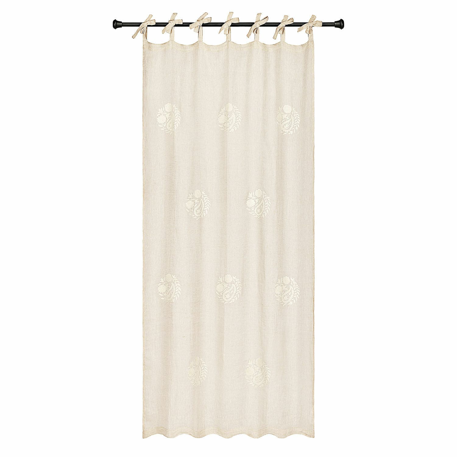 Gardine Pivonar Beige Leinenvorhang mit feiner Stickerei und gebundenen Schlaufen zum Aufhängen, Fensterdeko