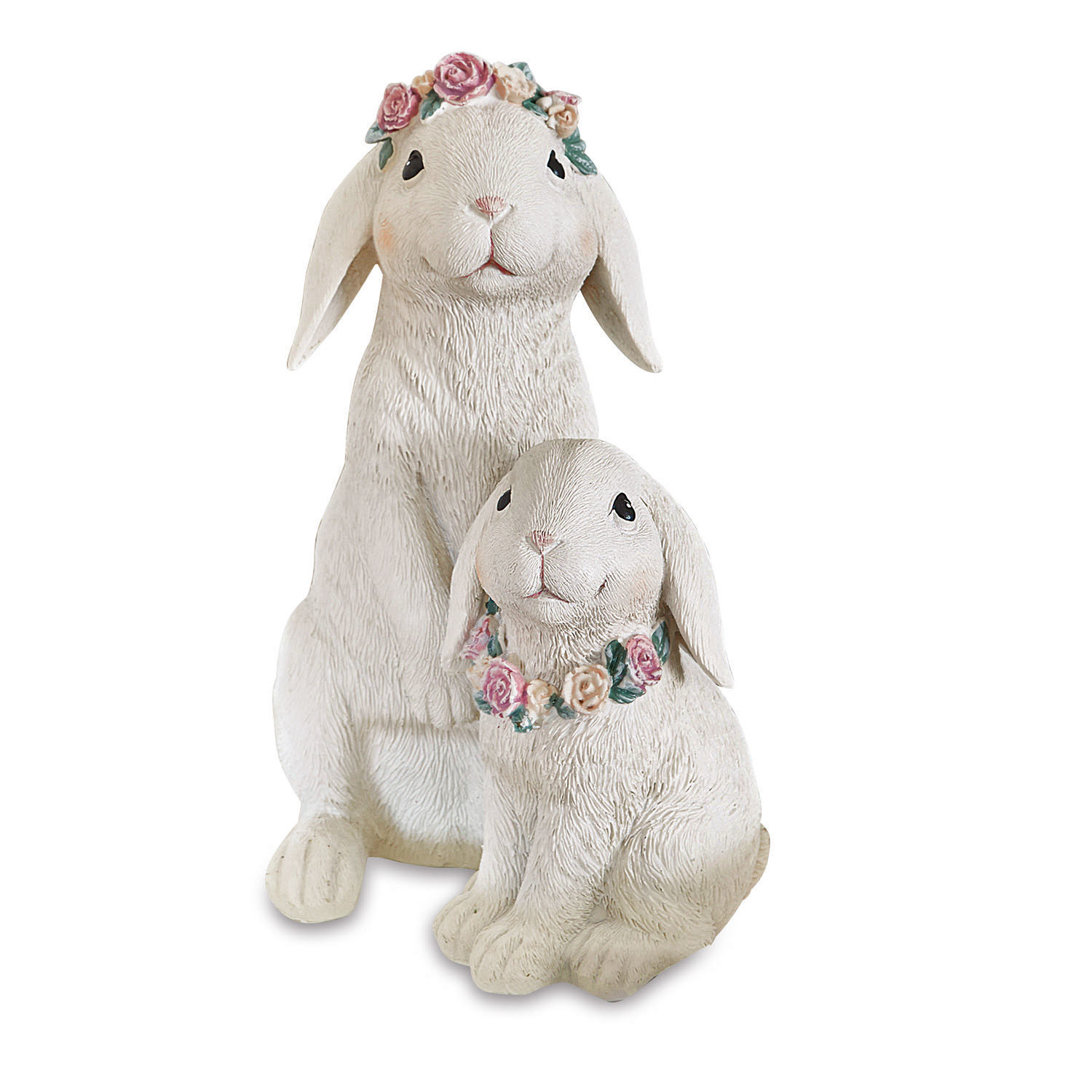 Hasen Sappos Zwei weiße Hasenfiguren aus Resin mit Rosenkränzen, dekorative Wohn- und Gartendeko