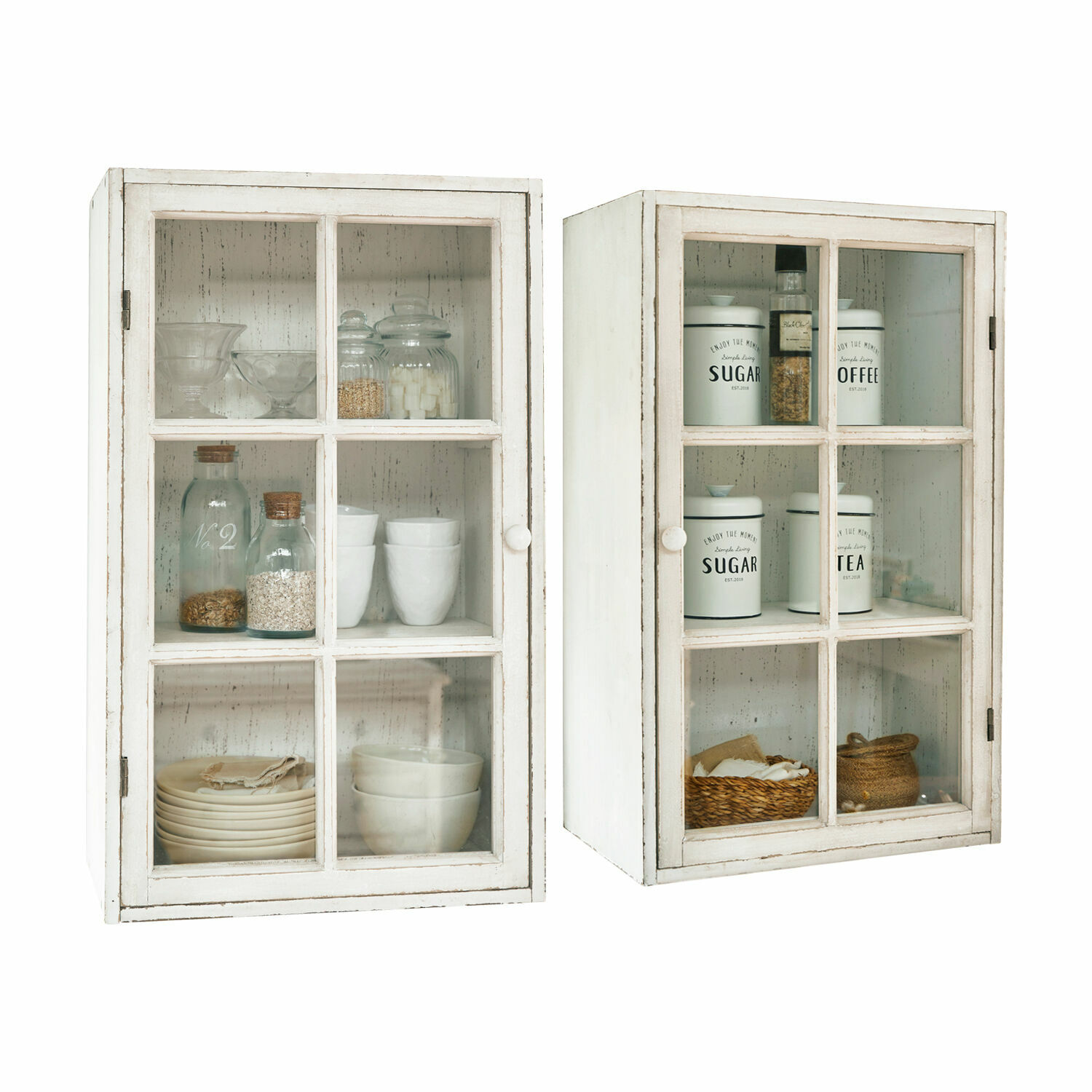 Hängeschrank 2er Set Piavo Weiße Holz-Küchenschränke mit Glastüren und Behältern für Tee und Zucker