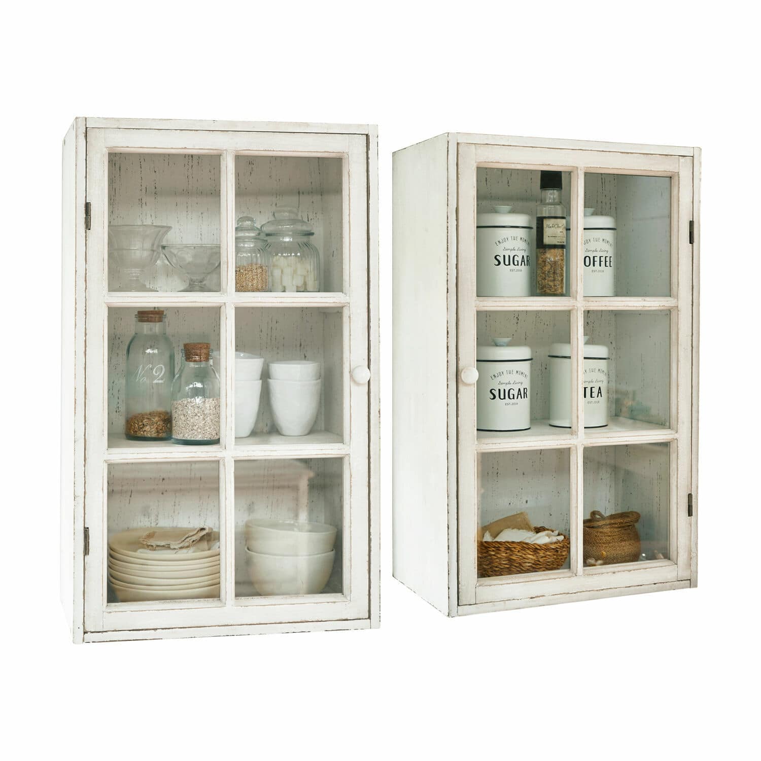 Hängeschrank 2er Set Piavo Weiße Holz-Küchenschränke mit Glastüren und Behältern für Tee und Zucker