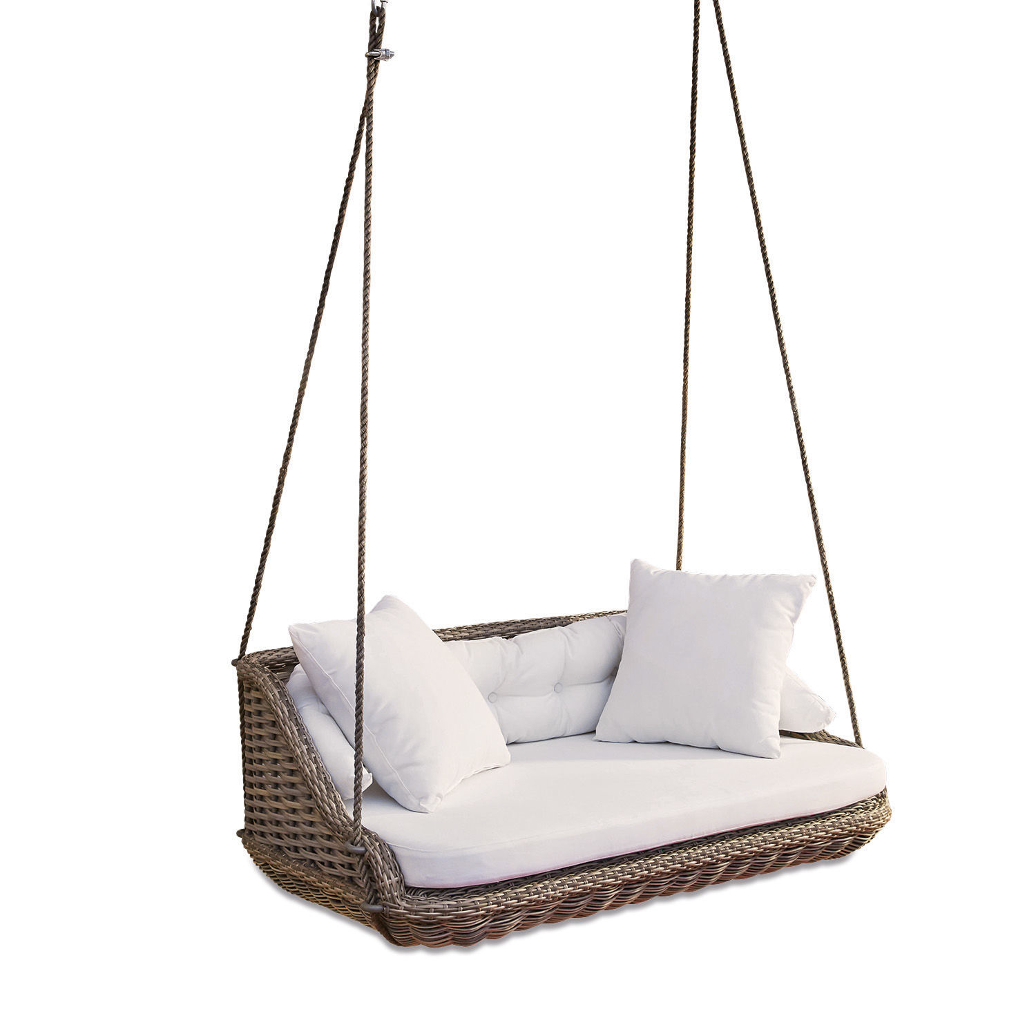 Hängebank Pontrieux Rattanschaukel mit weißen Kissen und weicher Sitzfläche, ideal für Garten und Terrasse