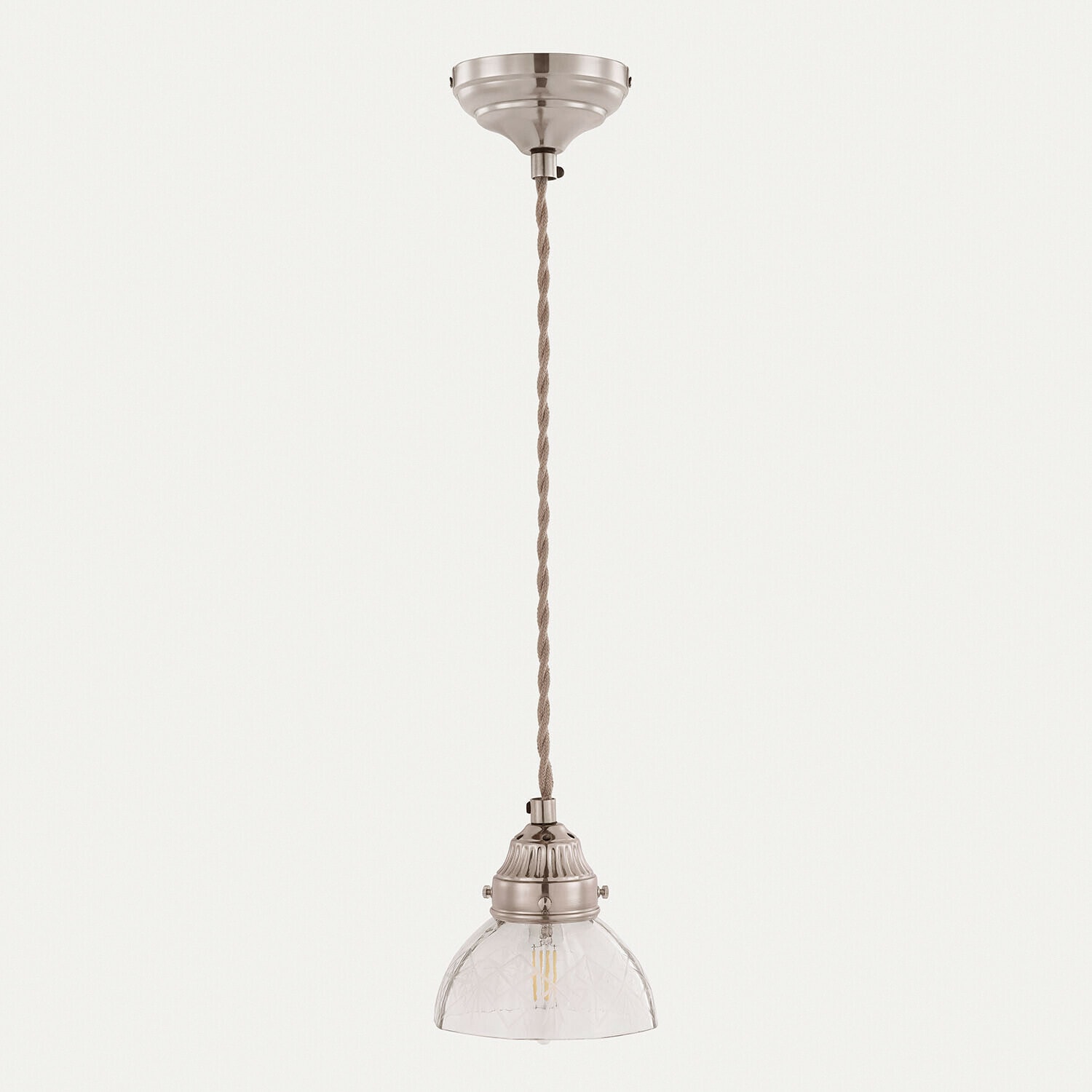 Hängelampe mit Metallfassung und klarem Glas-Schirm im Vintage-Stil für Innenbeleuchtung