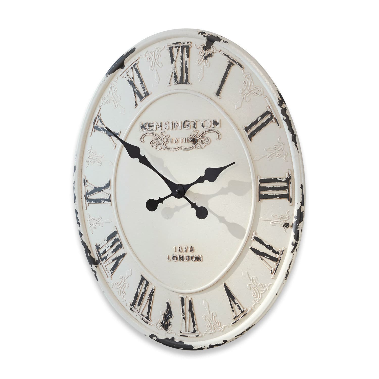 Uhr Soulières Runde Wanduhr aus Metall im Vintage-Stil, weiß mit schwarzen römischen Ziffern und antikem Look