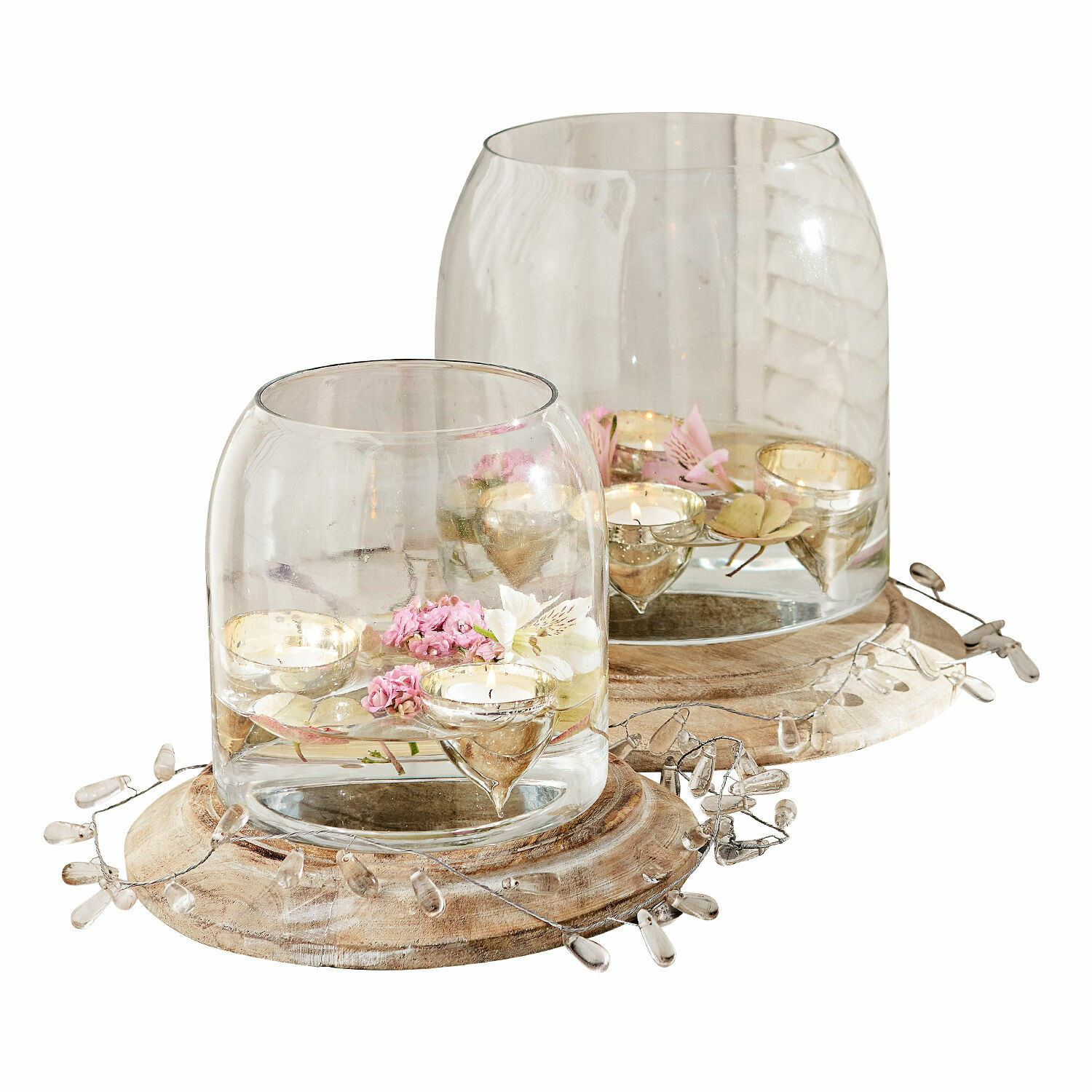 Windlicht 2er Set Bran Glas-Laternen auf Holzsockeln mit rosa Blumen und Teelichtern als stilvolle Wohnaccessoires