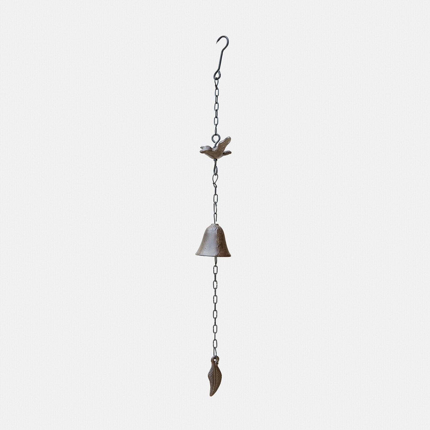 Windspiel Grelonne Braune Metallglocke mit Kette, Vogel und Blatt als Gartendekoration