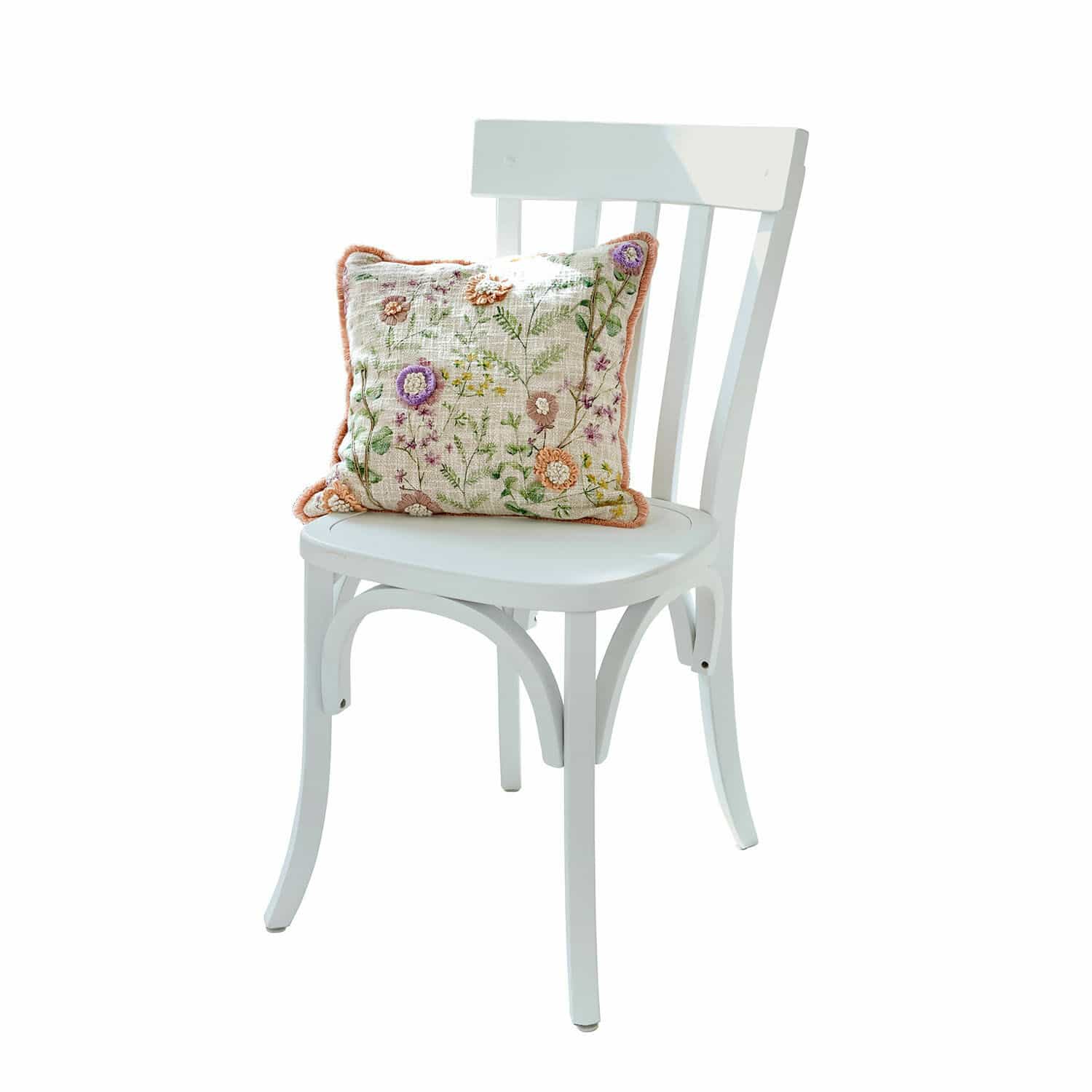 Stuhl Passigny Weißer Holzstuhl mit dekorativem Kissen mit Blumenstickerei in Pastellfarben